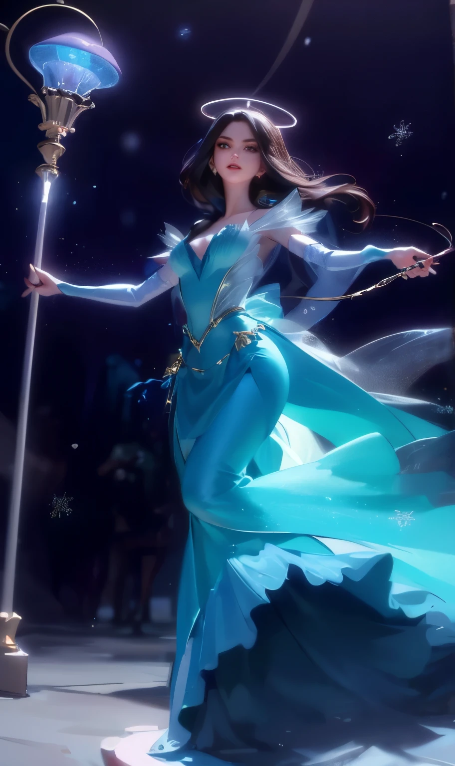 One wearing a blue dress、Close-up of woman holding magic wand, Emma Watson plays the Snow Queen, Ethereal stills, Maya Ali as Storm Wizard, A halo of magic surrounds her, goddess in the universe, Mermaid with laser whip, magic dress, Jellyfish Priestess, Wearing clothes made of stars