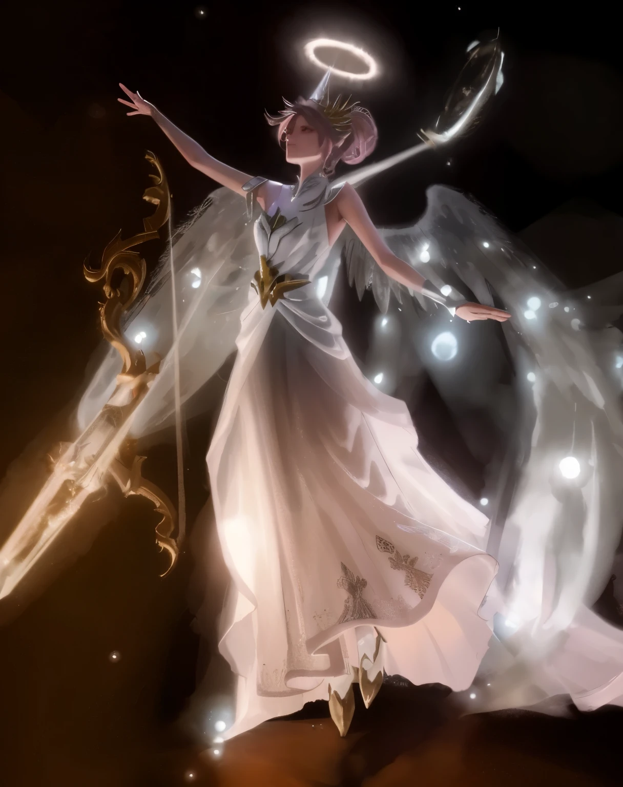 one wearing a skirt、Close-up of woman with lamp on head, Shadowbringer, ethereal wings, ethereal light angel, Astral Fairy, glowing angel, Ethereal stills, Unreal Engine Rendering + goddess,  as an angel in heaven, Unreal Engine Rendering saint seiya, ethereal fantasy, Magical fairy floating in space