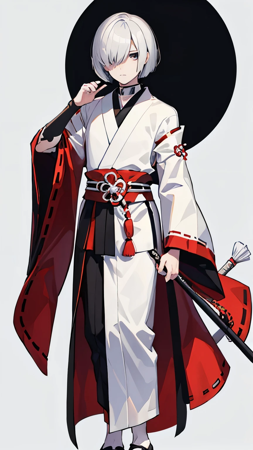 a young man, glaring, hair over one eye, Japanese ink, bob cut, white hair, black eye, upturned eyes, tareme, full body, miko