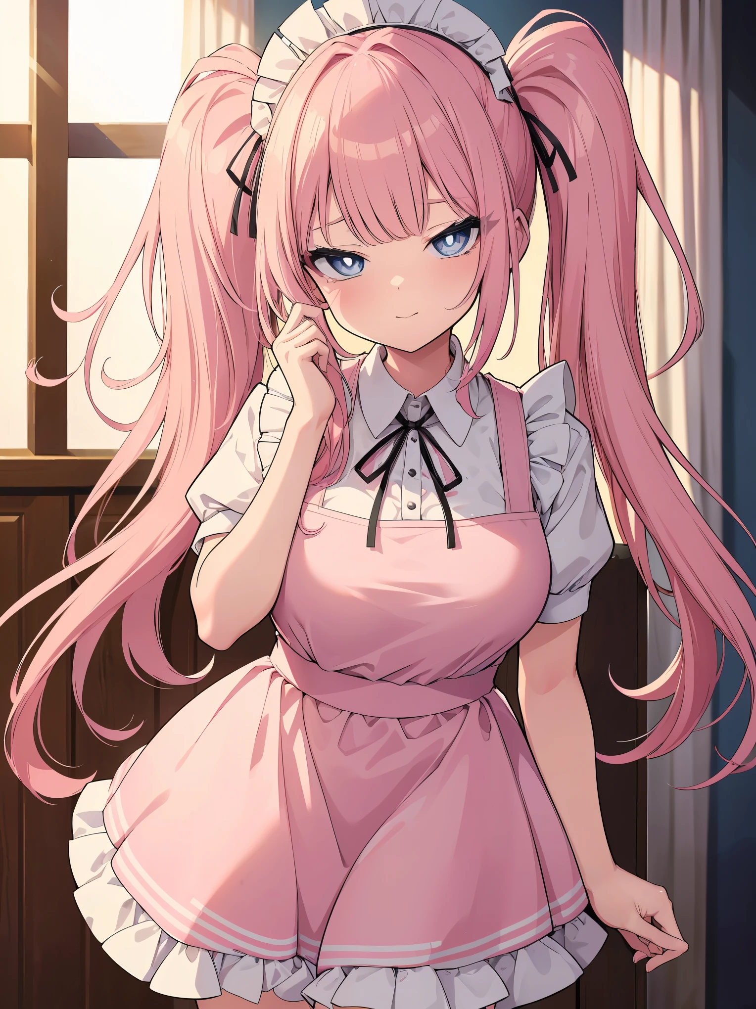 (cowboy shot), (best quality, ultra-high resolution, depth of field:1.2), beautiful face, 22-year-old woman, adult, short height, 1female, (pink hair), twin-tails (blue eyes), bright pupils, plump body, medium breasts, (wearing pink maid uniform:1.2), frills, maid cafe scenery, squinting, seductive smile, slightly bending forwards