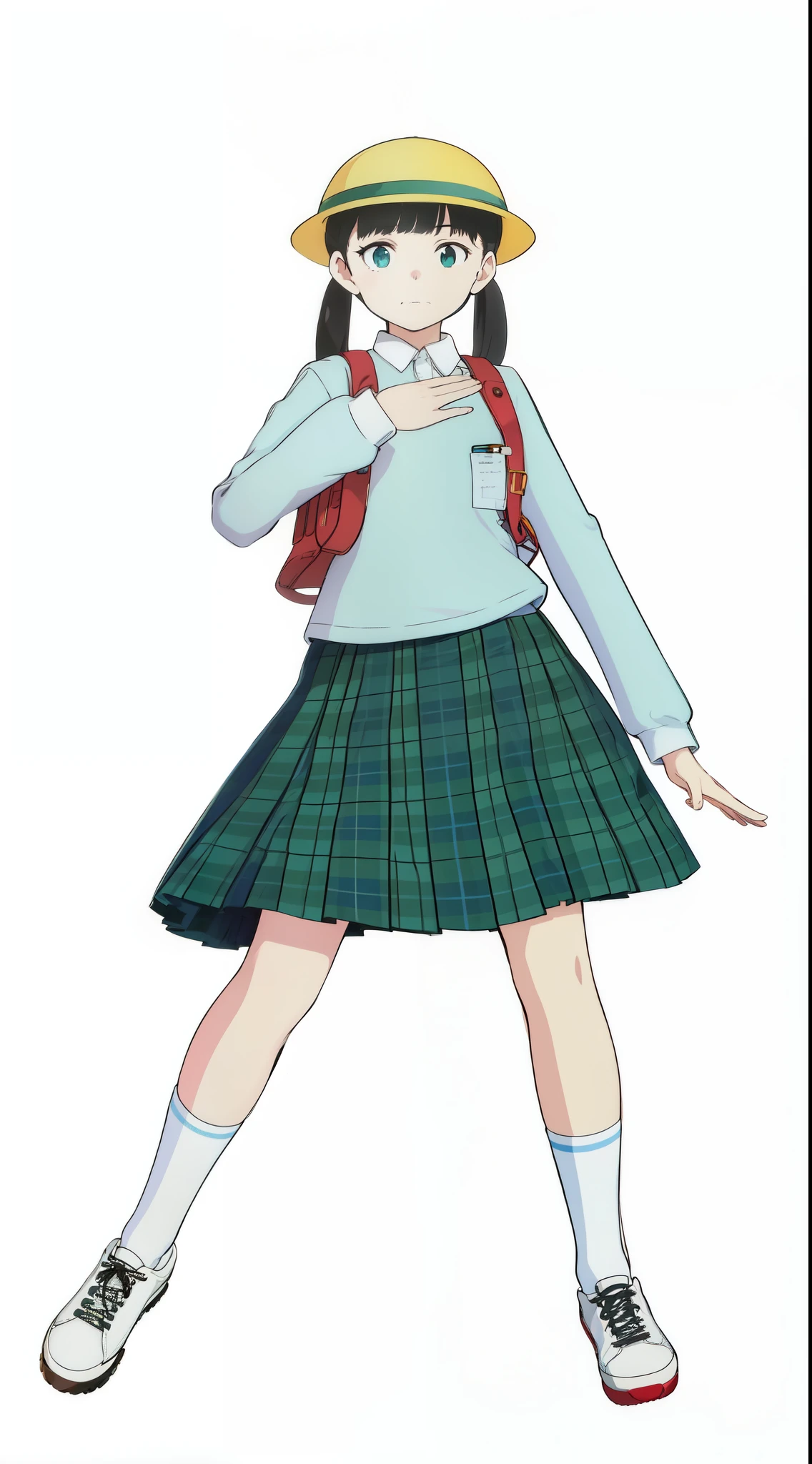 (white background:1.0), (best quality:1.0), (masterpiece:1.0), (super fine illustration:1.0), (beautiful artwork:1.0), (anime screencap:1.0), (official art:1.0), (full body:1.0), (solo:1.0), (ESGA:1.0), (a 12yo cute girl:1.0), (yellow hat:1.0), (red backpack:1.0), (long skirt:1.0), (green tartan skirt:1.0), (pleated skirt:1.0), (aqua blue polo shirt:1.0), (long sleeve polo shirt:1.0), (sneakers:1.0), (white socks:1.0), (ideal ratio body proportions:1.0), (lanky:1.0), (tall:1.0), (slender:1.0), (small breasts:1.0), (smaller face:1.0), (tareme:1.0), (detailed beautiful eyes:1.0), (detailed beautiful face:1.0), (glowing black eyes:1.0), (short hair:1.0), (low twintails:1.0), (black hair:1.0), (standing:1.0), (looking at viewer:1.0)
