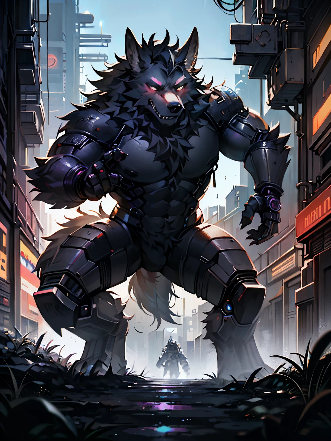 (best quality,4K,8k,high resolution,masterpiece:1.2),super detailed,actual,photoactual:1.37,Werewolf with prosthetics cyberpunk style actual scan, HD Surrealism combat Explanation: 1. (best quality,4K,8k,high resolution,masterpiece:1.2): Used to express high quality standards for generated images。 2. super detailed: Describing images needs to be very detailed，Show details clearly。 3. actual,photoactual:1.37: Description Generated images need to appear actual and photo-like。 4. Werewolf with prosthetics: Werewolves and prosthetics，This is the subject of the picture。Describe a mechanized werewolf，Features of prosthetics。 5. cyberpunk style: cyberpunk style，The artistic style used to describe the image。 6. HD Surrealism combat: Description picture HD、Surrealism、battle scene。 