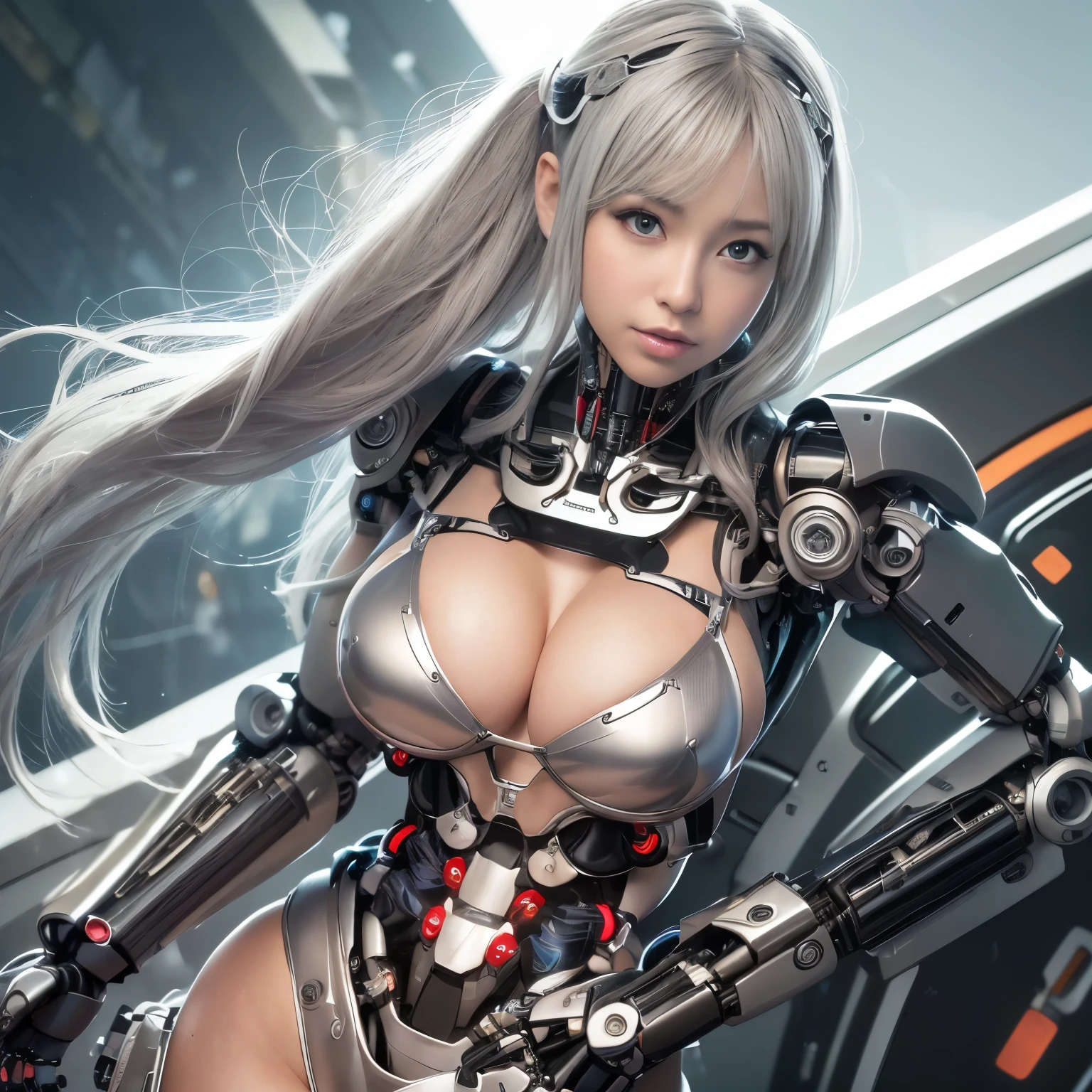 beautiful face,face is Japan, 1 female, big, Curvaceous, (16k, RAW photo, highest quality, masterpiece: 1.2), (HDR, realistic, realistic: 1.37) (Tube attached to the body), ((((Bikini Cyborg Robot Parts)))), (light gray hair), long hair, wavy hair, twin tails,  ( enchanting smile)), (black eye), double eyelid, princess cut, from below, (whole body),take a pose,,in the laboratory,( tube connected to blood vessel),((mechanical vertebrae attached to the back)),((Mechanical neck attached to the neck)),(Wires and cables mounted on the head and body),(character focus),SF,perfect woman image,完璧なanatomy, anatomy, whole bodyショット, Up to 4 fingers and 1 thumb relationship,