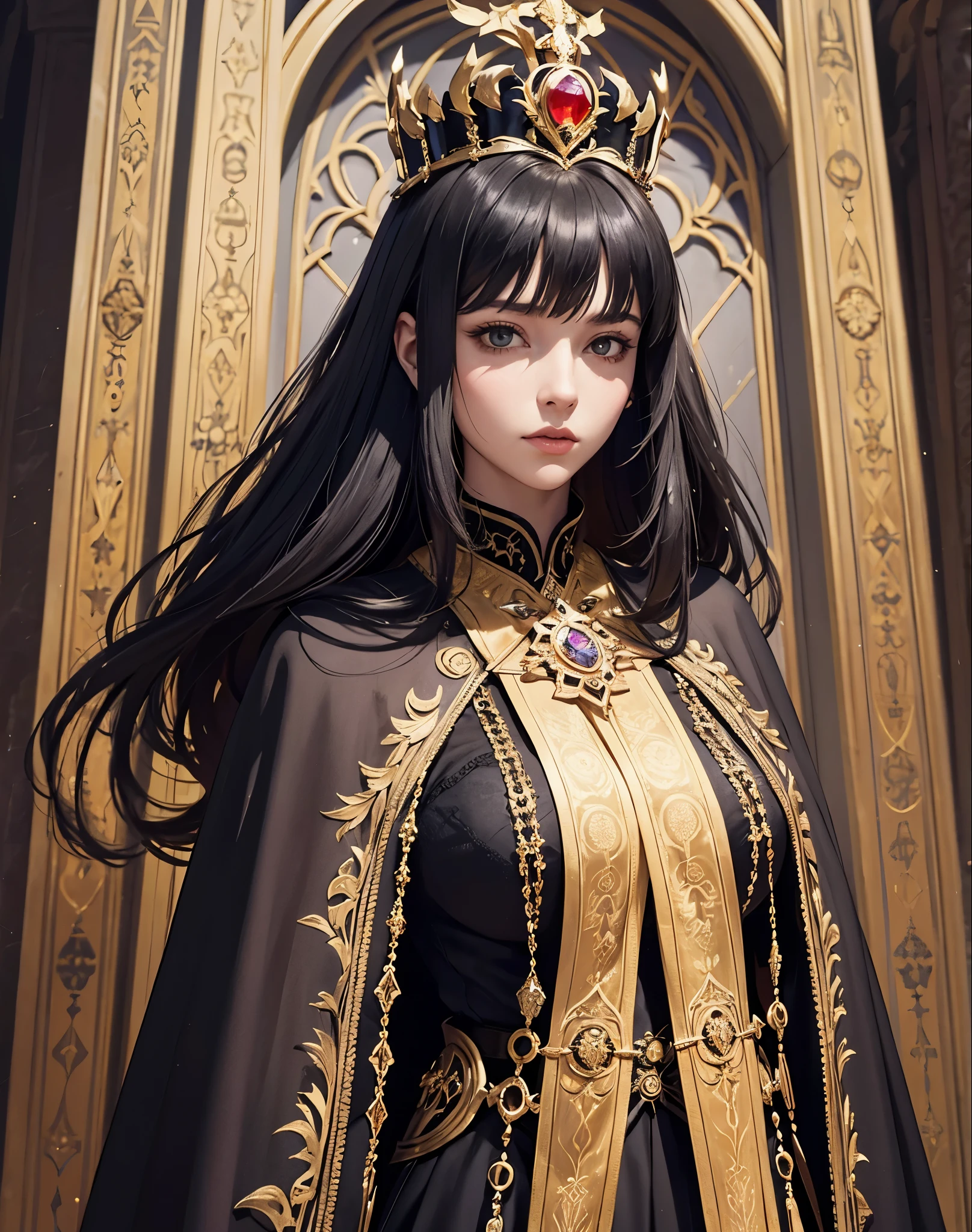 Empress Seraphina, age 28, at her coronation in the grandest hall of the royal palace. She embodies a commanding presence, with sharp features and a crown that is exquisite and formidable, its jewels glowing with enchantment. Her coronation gown is a vision of imperial majesty and sorcerous elegance, black with deep reds and golds weaving through it, fabric alive and embroidered with ancient symbols of power. Over her shoulders, a cloak of shadows clasped with the emblem of The Holy Empire of Etreal. In her hand, a scepter of ancient power, rumored to be forged in the fires of a fallen star. The setting is transformed into a realm of shadows and flickering light, filled with the nobility of The Holy Empire of Etreal, the air heavy with exotic incenses, Art Styles: dark fantasy, Renaissance, Art Inspirations: Gothic architecture, high fantasy art, Camera: 85mm, Shot: full length, Render Related Information: hyper-detailed, dramatic lighting to emphasize her formidable presence and the dark magic she commands, ambient light casting shadows to suggest the dawn of a new epoch under her rule.