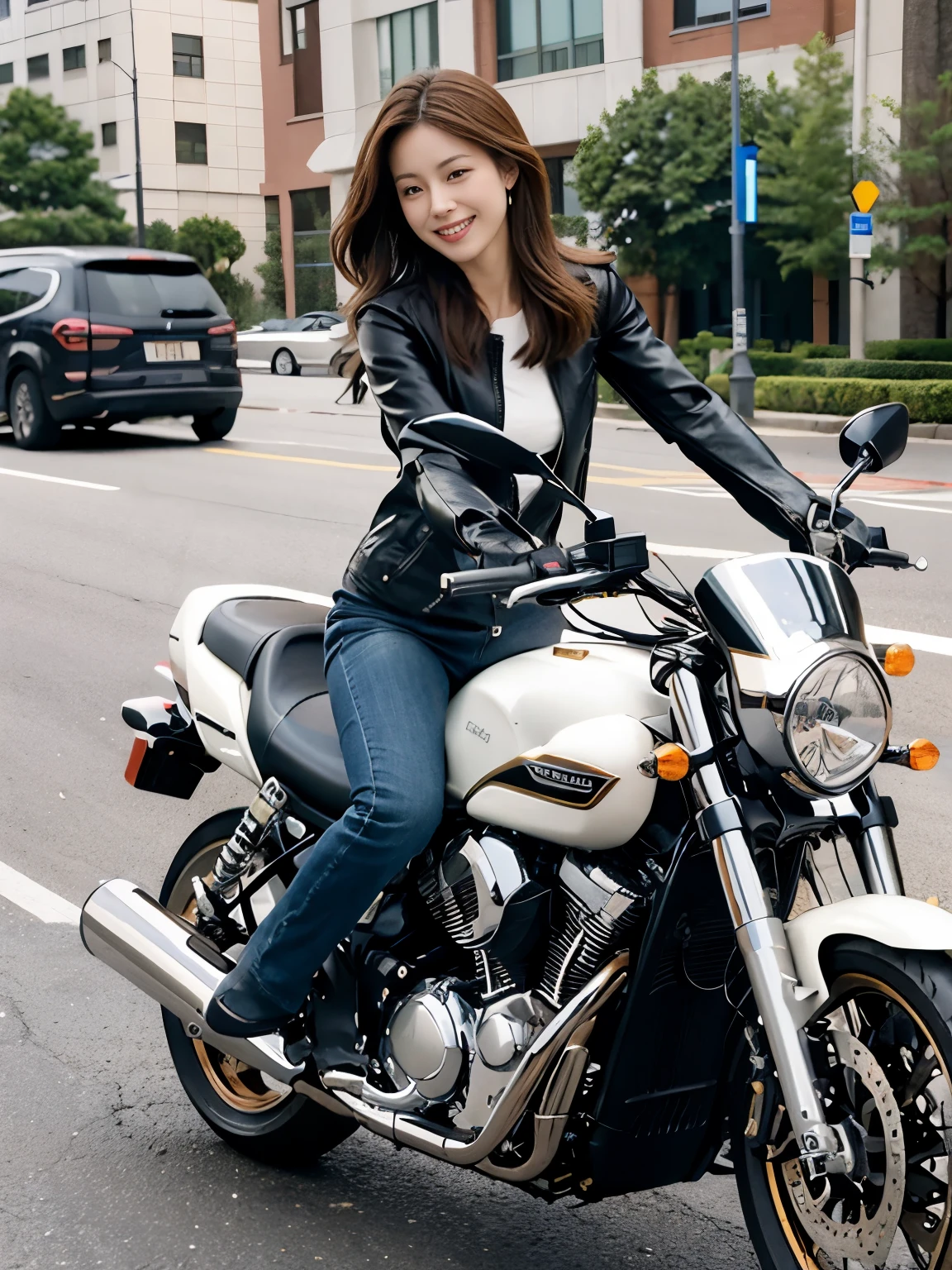 Super detailed, High resolution, (realistic, Photoreal:1.4), 8K, RAW photo, (masterpiece), (highest quality), (The details are very detailed)、Physically based rendering, ((((riding a motorcycle))))、Female college student, long brown hair, Korea, smile、((long legs))、slender body