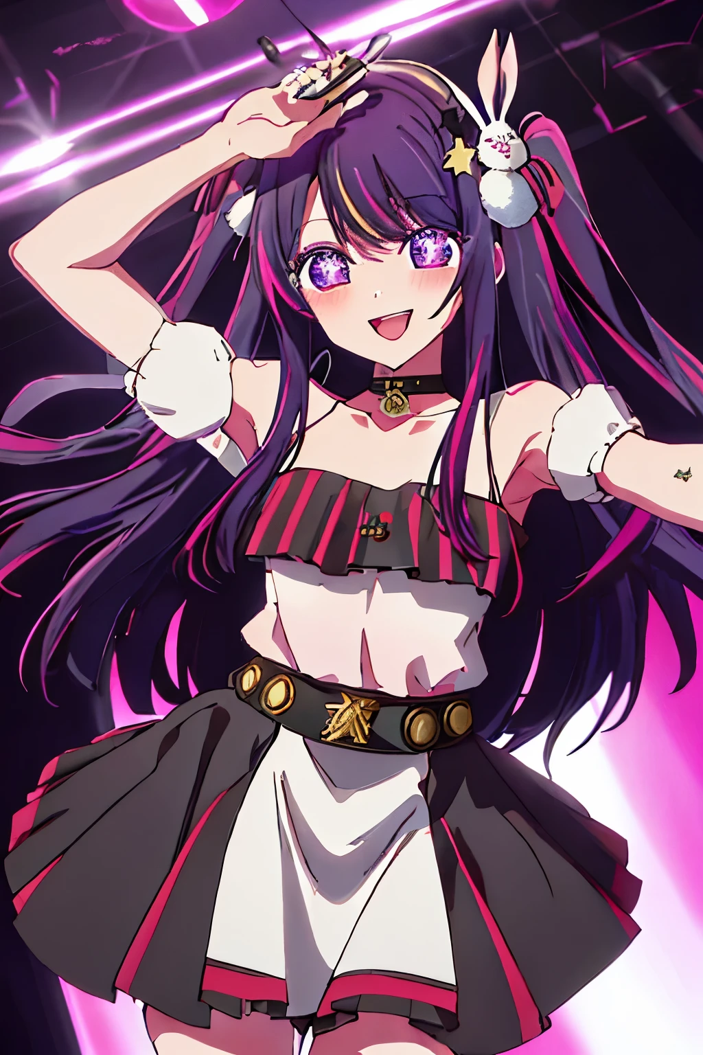 best quality, masterpiece, highres, solo, {hoshino_ai_oshinoko:1.15}, long_hair, purple_eyes, purple_hair, bangs, smile, symbol-shaped_pupils, multicolored_hair, star-shaped_pupils, 1girl, collarbone, hair_ornament, open_mouth, singing, virtual_youtuber, blush, closed_eyes, music, portrait, rabbit_hair_ornament, microphone, holding, holding_microphone, one_side_up