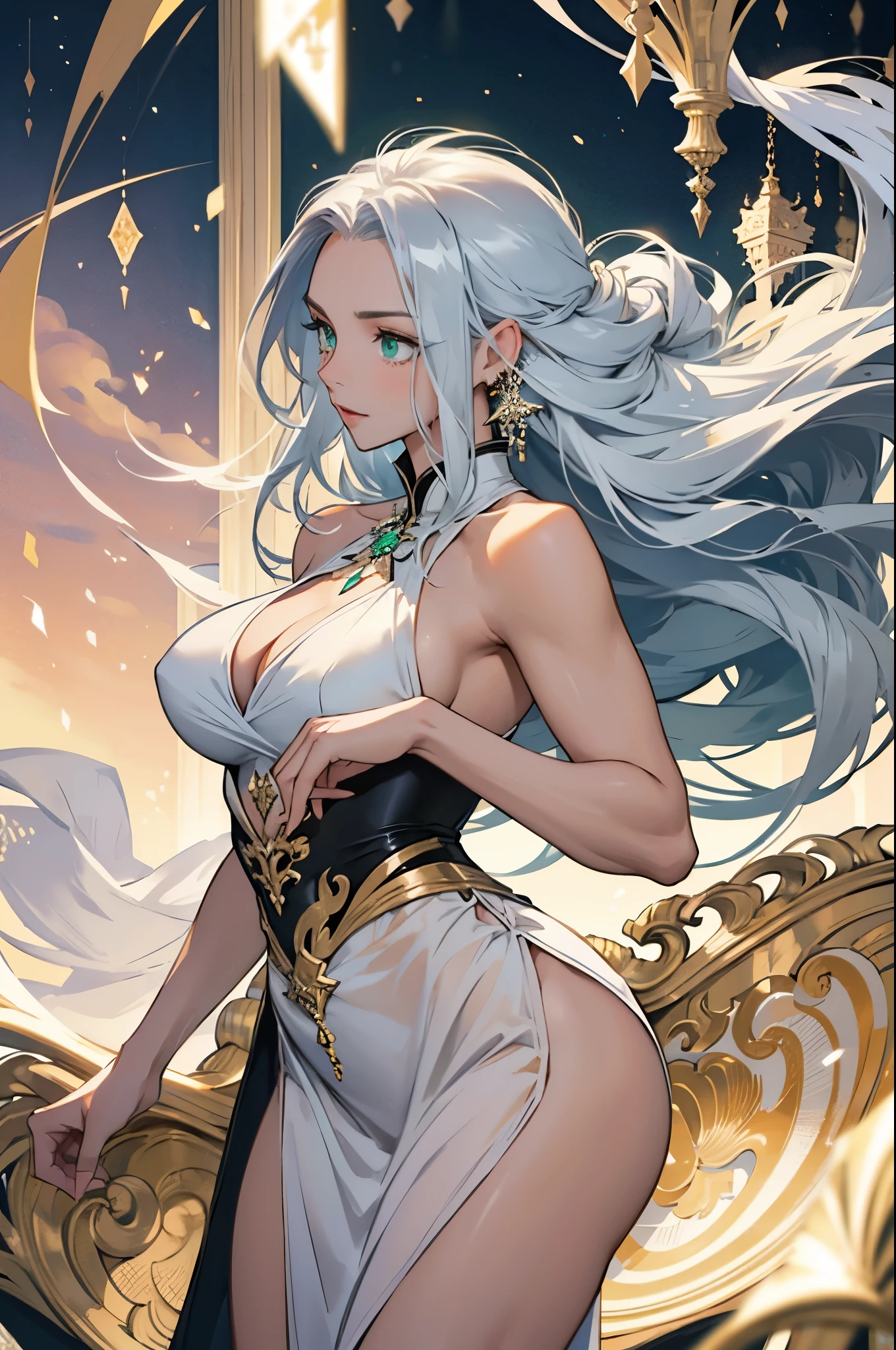 German woman wearing white dress posing for photo,Rapunzel, Sexy tight dress, elegant figure, silver long hair, Silver-haired goddess, , strike an elegant pose, revealing clothing, Lopp, 巨大的令人惊叹的女神photography, coverage and , Plump figure, revealing clothes, Very sexy, Beautiful goddess woman, open gown, covered with gold,((wearing black silk。((40k,photography,masterpiece,best quality,The background is the sea,((1 girl with emerald green eyes and gorgeous silver hair)),Model diagram,marvelous,Extremely huge,various postures。((:1.4)),The facial details are very rich,delicate eyes,Half a face。