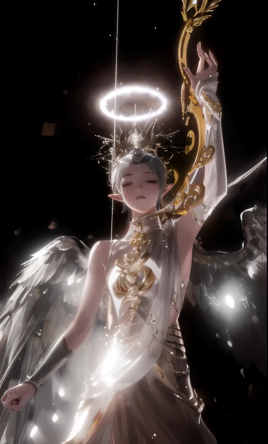 Close-up of woman with halo on head, Unreal Engine render + goddess, Unreal Engine render saint seiya, Elf angel meditating in space, Complex and gorgeous anime CGI style, The majestic angel, glowing angel, Shadowbringer, 非常细致的goddess拍摄, ethereal light angel, Akihiko Yoshida. Unreal Engine