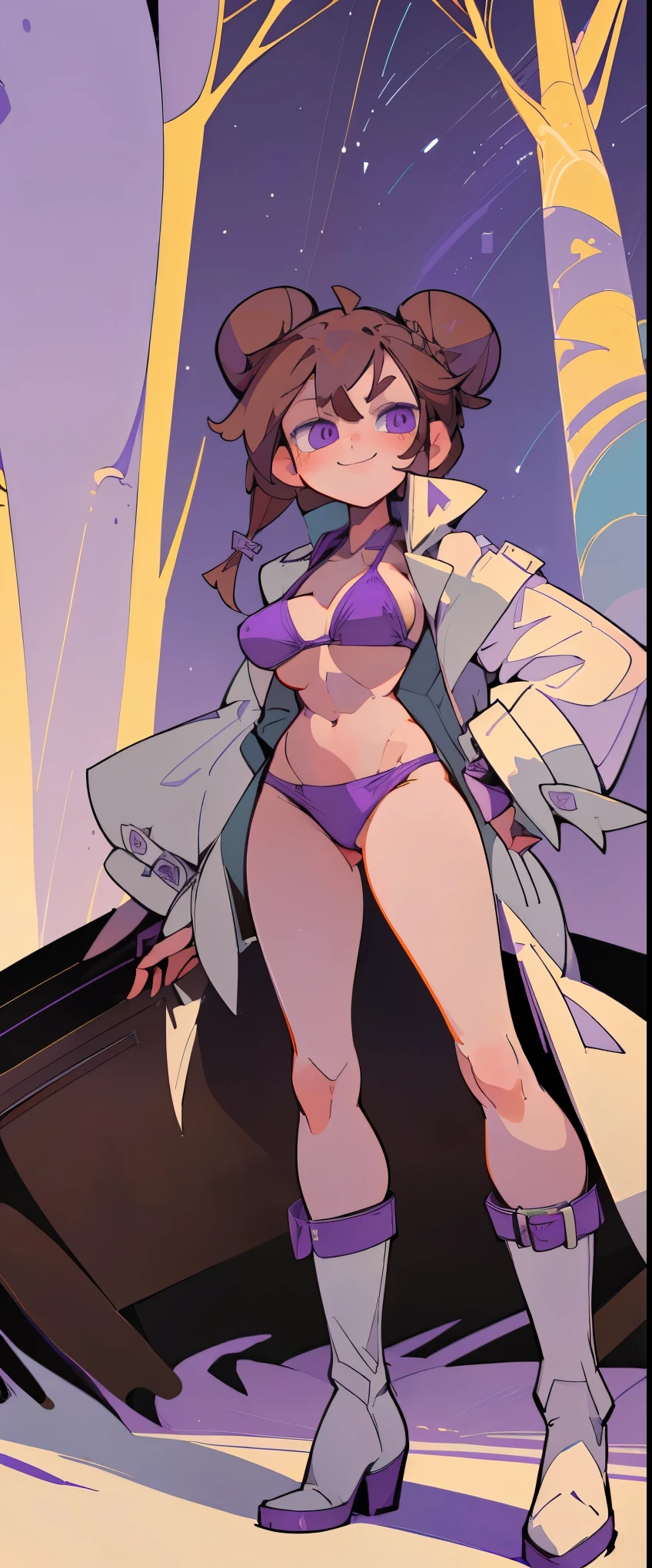 Masterpiece, 4k, details, extreme details, high resolution, 1 woman, Light brown hair tied into two buns... , purple eyes , sly face , smile , Purple bikini , white cloth coat , abdomen, big breasts , Long legs , stand on your hips... , white boots , On the side of the road , at night