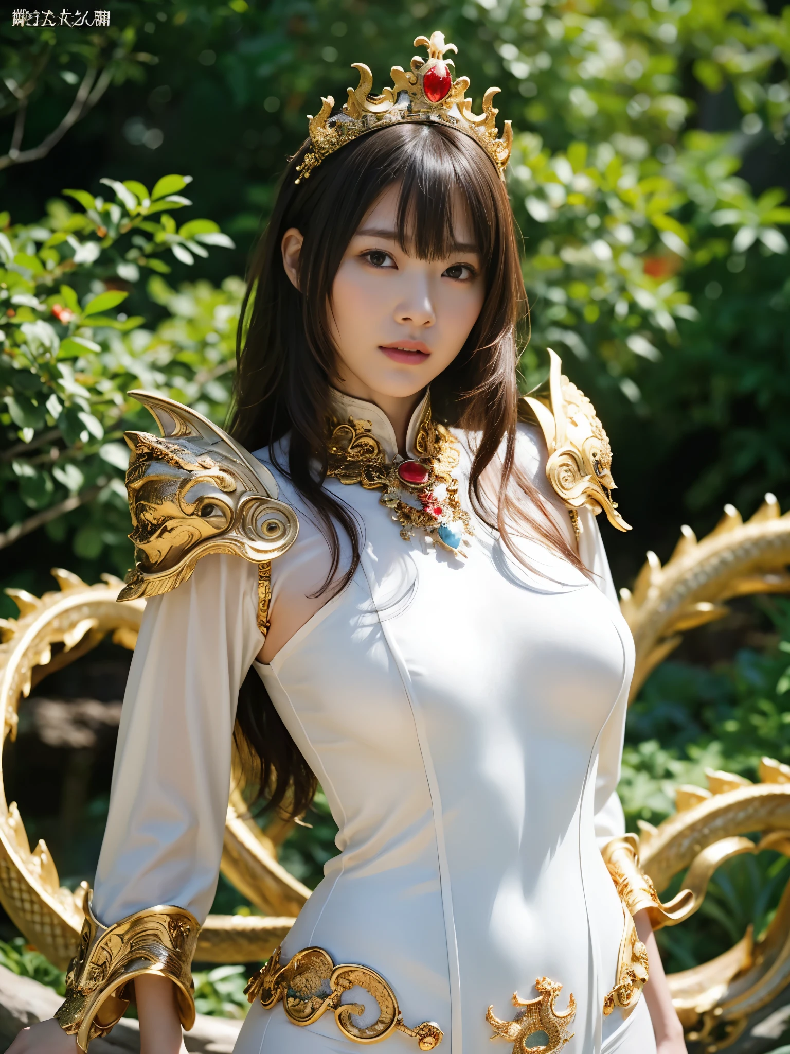 (((extremely heavy breasts)))、(Fight fiercely with dragons)、top-quality、masterpiece、超A high resolution、(White Dragon Armor)、dragon armor、(Wearing a beautiful crown made of jewels),(Photorealsitic:1.4)、Raw photo、1人、Golden hair、glowy skin、(((Chinese Dragon)))、(Gorgeous Jewelry Necklaces)、(Mystical expression)、(Fight big dragons)、With a beautiful knife、(White Metal Bodysuit)、(beautiful forest background)、Precipitous cliffs、(Small LED)、((super realistic details))、portlate、globalillumination、Shadow、octan render、(One-Eyed Scouter)、8K、ultrasharp、Colossal tits、Raw skin is exposed in cleavage、metals、Details of complex ornaments、Japan details、highly intricate detail、Realistic light、CGSoation Trends、Red Eyes、radiant eyes、Facing the camera、neon details、(Mechanical limbs)、(blood vessels connected to tubes)、Mechanical vertebrae attached to the back、mechanical cervical attaching to neck、(Wires and cables connecting to the head)、Gundam、Small LED、,Mechanical thighs、Toostock、(Hands are also made of machines)、(veils)、