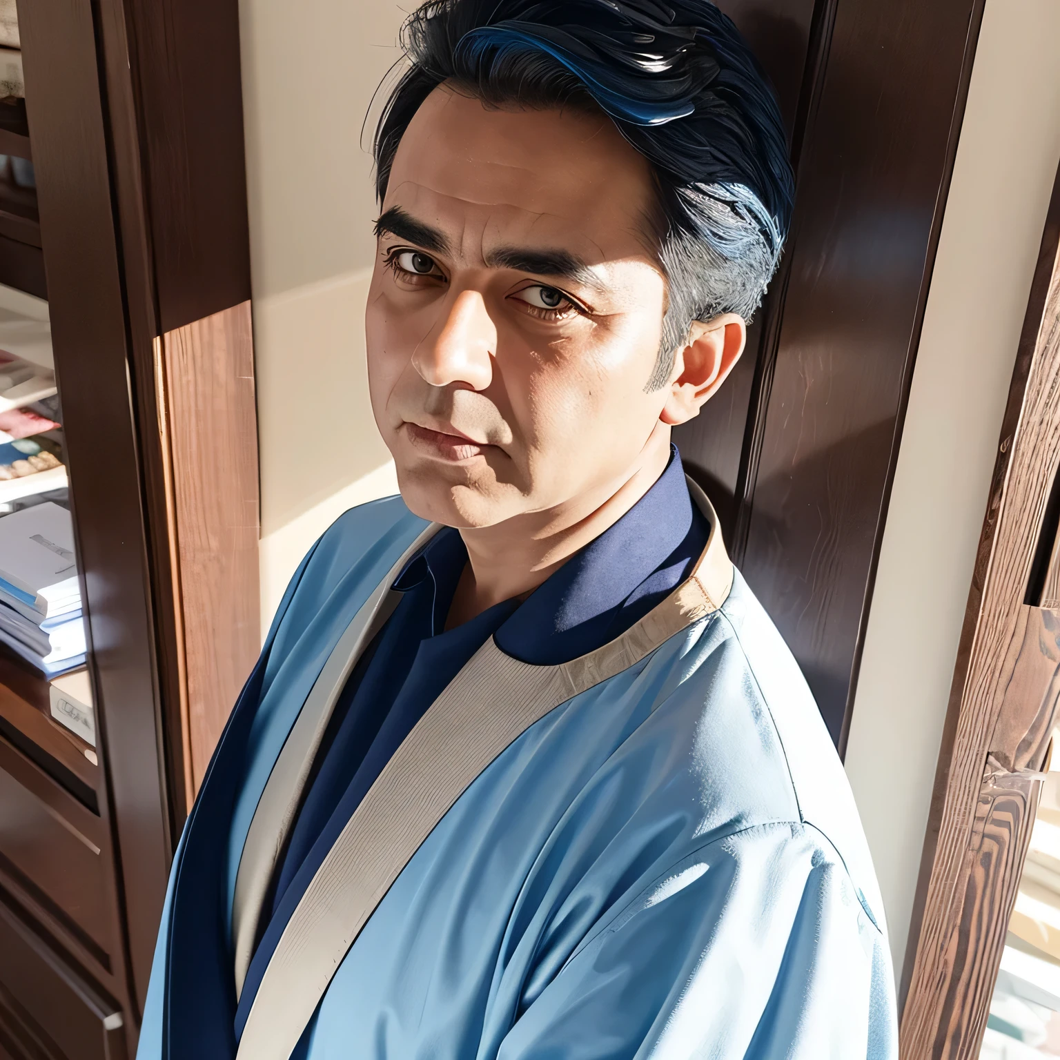 dpack2 (masterpiece:1.4), (best quality:1.4), extremely detailed, intricate, hyper detailed, illustration,soft lighting, scenic, 1 man, disgust, Navy blue hair, colorful, colorized, from_above ,white_robe , runway