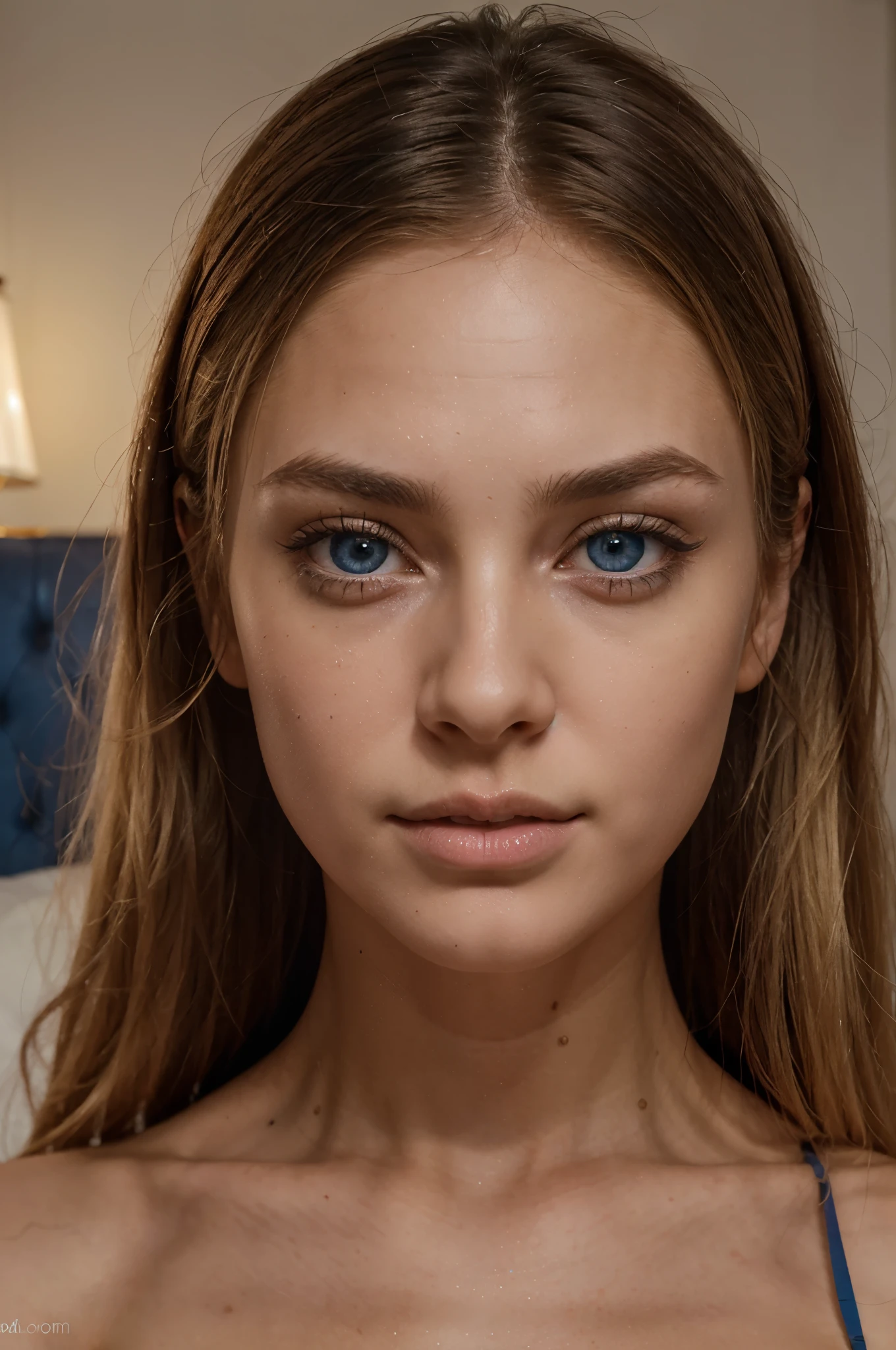full body shot skinny anorexic and boney girl, she has blue hyper realistic and detailed eyes, she is looking straight into the camera and the camera is focusing on her pores and hyper detailed images of her face, she has a meticulously detailed skin, hairy pussy, meticulously detailed face and iris , its hyper realism ,she has hyper realistic hands, meticulously detailed feet, she has meticulously detailed fingers, meticulously detailed, she has meticulously detailed pussy, she has blonde hair and large eyes, its a porno style shoot, orgasm eyes, violet myers, without makeup, natural makeup, face with artgram, subtle makeup, stunning ultra 8k shot in bedroom on bed with dramatic orange and blue lighting, medium bust