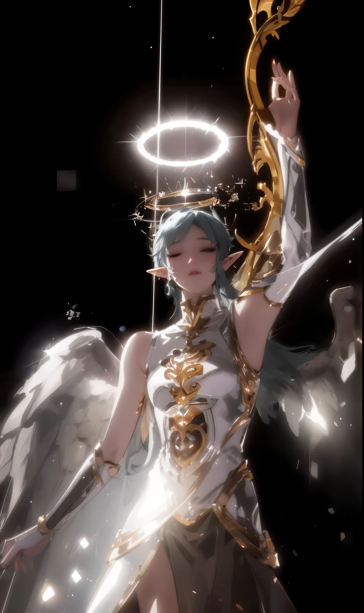 Close-up of woman with halo on head, Unreal Engine render + goddess, Unreal Engine render saint seiya, Elf angel meditating in space, Complex and gorgeous anime CGI style, The majestic angel, glowing angel, Shadowbringer, 非常细致的goddess拍摄, ethereal light angel, Akihiko Yoshida. Unreal Engine