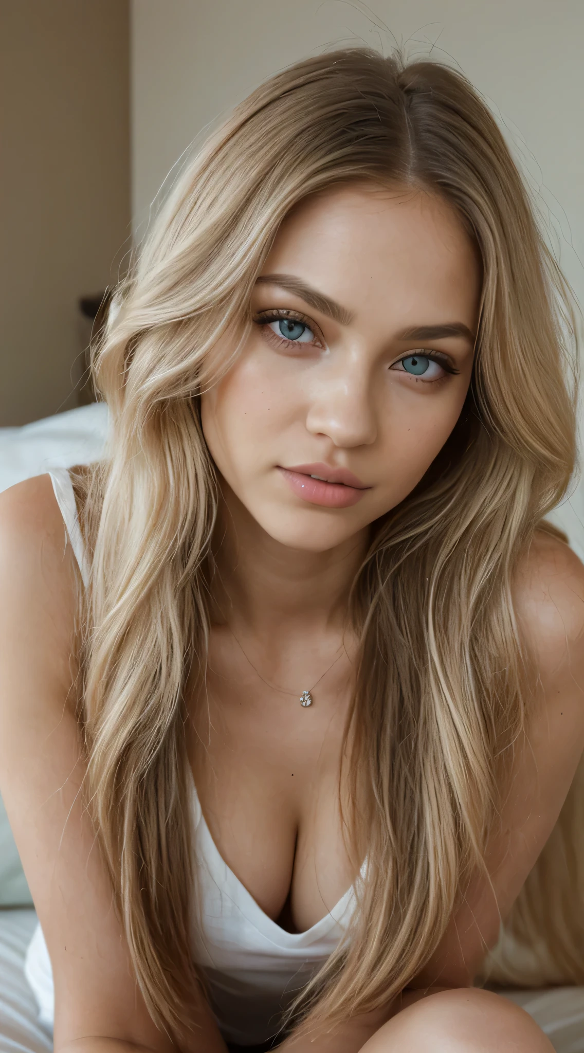 more realistic,girl,Warm lights,173cm higth, she looks like japaneese and african ,almond-shaped eyes, full lips, big eyes, full lips, almond-shaped eyes, full lips, prominent sexy cheekbones, sexy cheek bones, sexy chin, sexy chin slim waist, fit body, wearing casual dress, wavy long blonde hair, long blonde cut hair, symmetrical green eyes, symmetrical face, photorealistic (RAW photo: 1.2), top quality, beautiful detailed girl photo(UHD, retina, masterpiece, accurate, anatomically correct, textured skin, super detail, high details, high quality, best quality, high res, 1080P, HD, 4K, 8k, 16k), (beautiful detailed eyes, beautiful detailed lips, extremely detailed eyes and face),woman fully , sexy girl with greeneyes, ultra realistic, meticulously detailed, portrait sophie mudd, blonde hair and large eyes, selfie of a young woman, bedroom eyes, violet myers, without makeup, natural makeup, looking directly at the camera, face with artgram, subtle makeup, stunning full body shot kneeling on bed, in bedroom, medium to large size bust,perfect legs, perfect hands, perfect foot