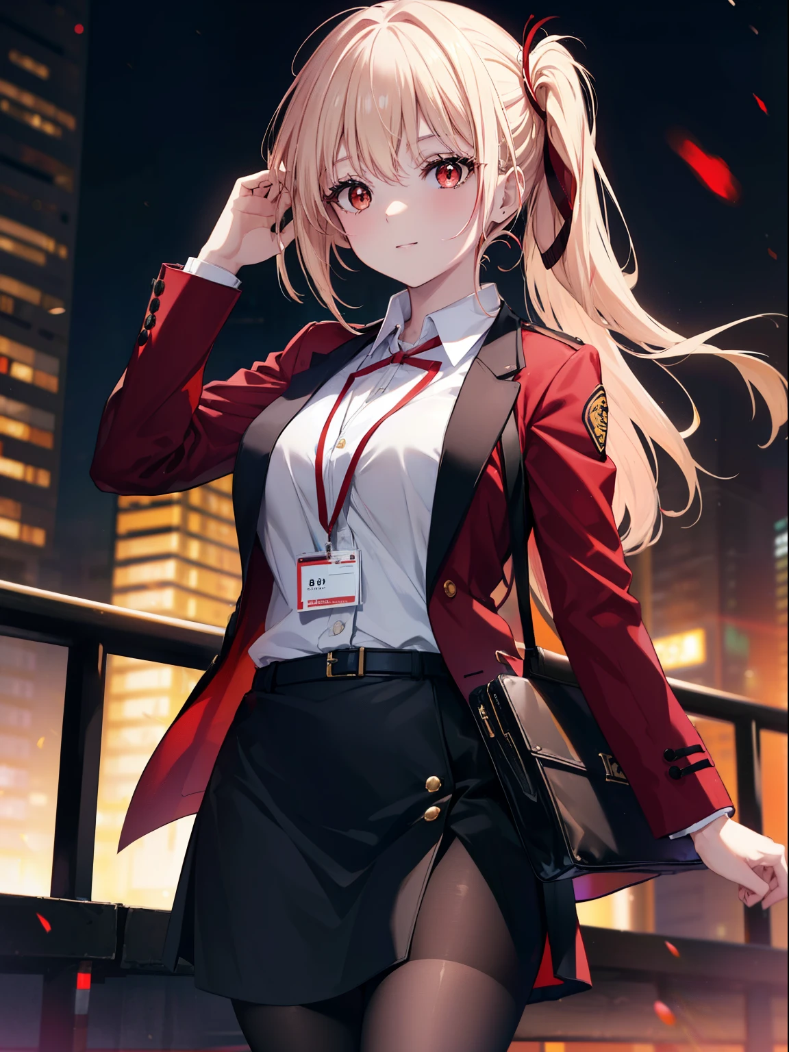 Chisato Nishikigi, Chisato Nishikigi, long hair,ponytail, bangs, blonde hair, (red eyes:1.5), hair one side up,big breasts , OL, Black Abyss glasses, Fundo, black suit jacket, collared jacket, white dress shirt, collared shirt, neckline, button, strap, ID card on neck, black pencil skirt, black pantyhose,stiletto heels,business bag, smile, evening,夕陽
break outdoors, city,
break looking at viewer, (cowboy shot:1.5),
break (masterpiece:1.2), highest quality, High resolution, unity 8k wallpaper, (figure:0.8), (beautiful and fine eyes:1.6), highly detailed face, perfect lighting, Very detailed CG, (perfect hands, perfect anatomy),
