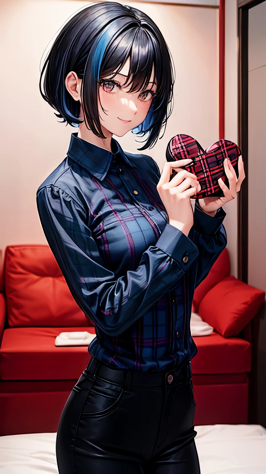31 years old Japanese lady (( small breast, slender)), tartan black jacket, blue long sleeves dress shirt,(( tartan black straight pants)), very short hair (( black hair, some blue highlights hair))((much shaggy forelock, some blue highlights hair )), fearless and aggressive smile, shiny blue big drooped eyes, have a present box in her hands (( for valentine day)), strong willed atmosphere, at her room