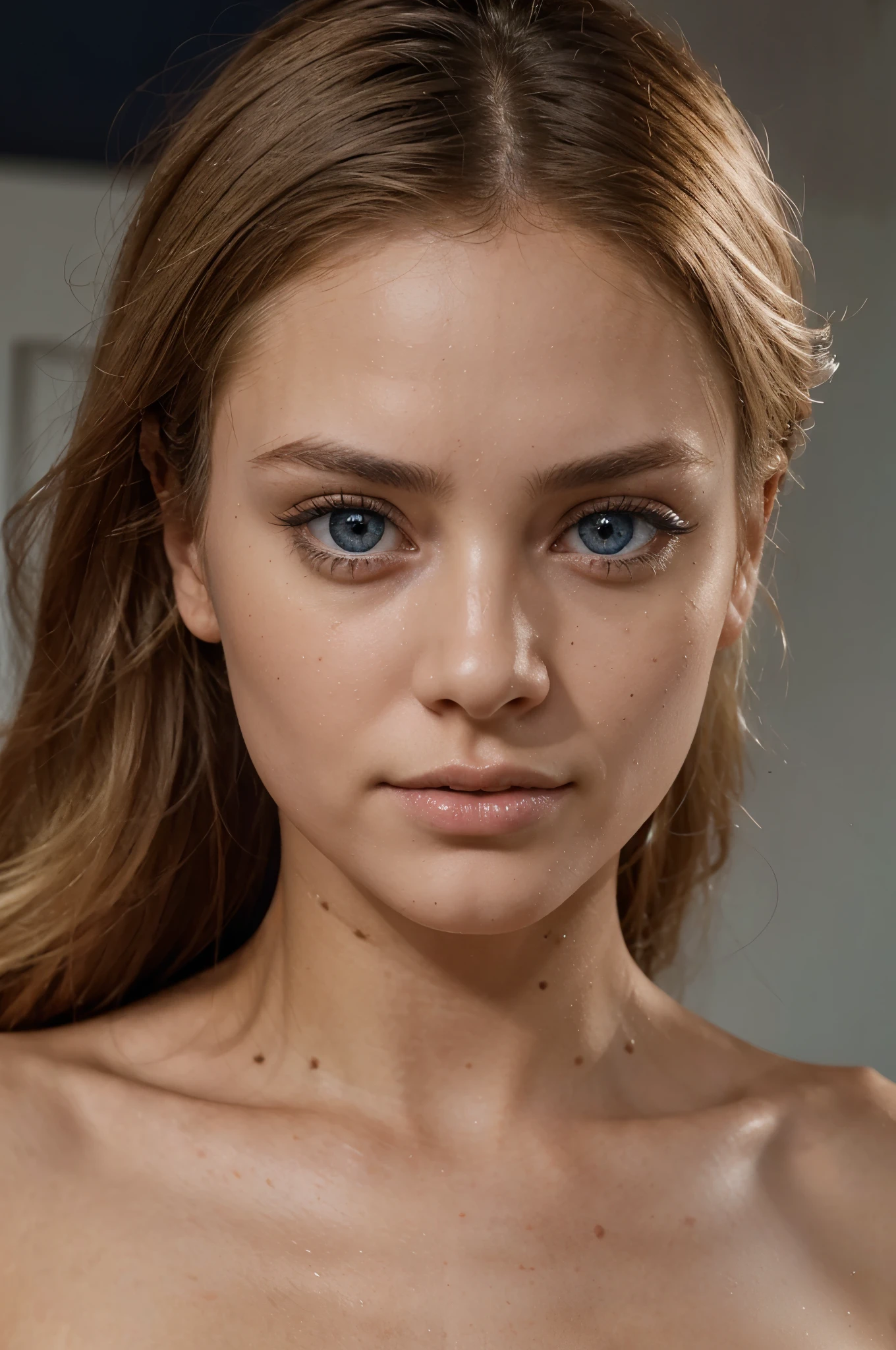 skinny anorexic and boney girl, she has blue hyper realistic and detailed eyes, she is looking straight into the camera and the camera is focusing on her pores and hyper detailed images of her face, she has a meticulously detailed skin, meticulously detailed face and iris , its hyper realism ,she has hyper realistic hands, meticulously detailed feet, she has meticulously detailed fingers, meticulously detailed, she has meticulously detailed pussy, she has blonde hair and large eyes, its a porno style shoot, orgasm eyes, violet myers, without makeup, natural makeup, face with artgram, subtle makeup, stunning ultra 8k close up shot of face and ultra detailed facial features in bedroom with dramatic orange and blue lighting