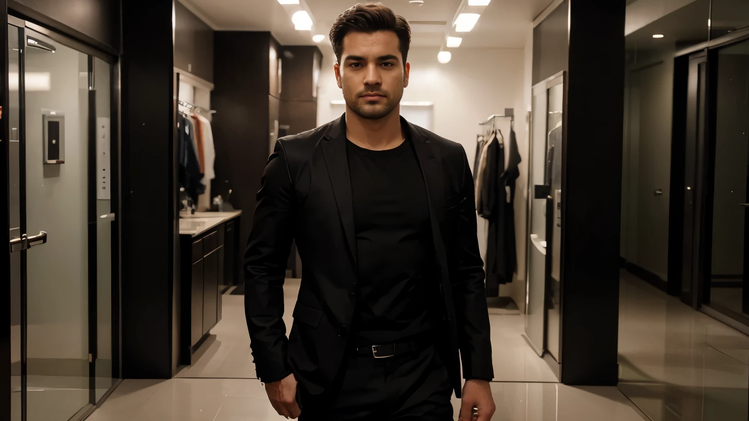 As the camera captures the man's full body, his confident stance and serious expression only add to his alluring aura, seeing in front his body also in a straight position, the jacket is too expensive which he have wearied, full realistic view, 8k, hd, his full body is in the frame and the face is clearly visible, his expression is mysterious, hd, 8k, realistic