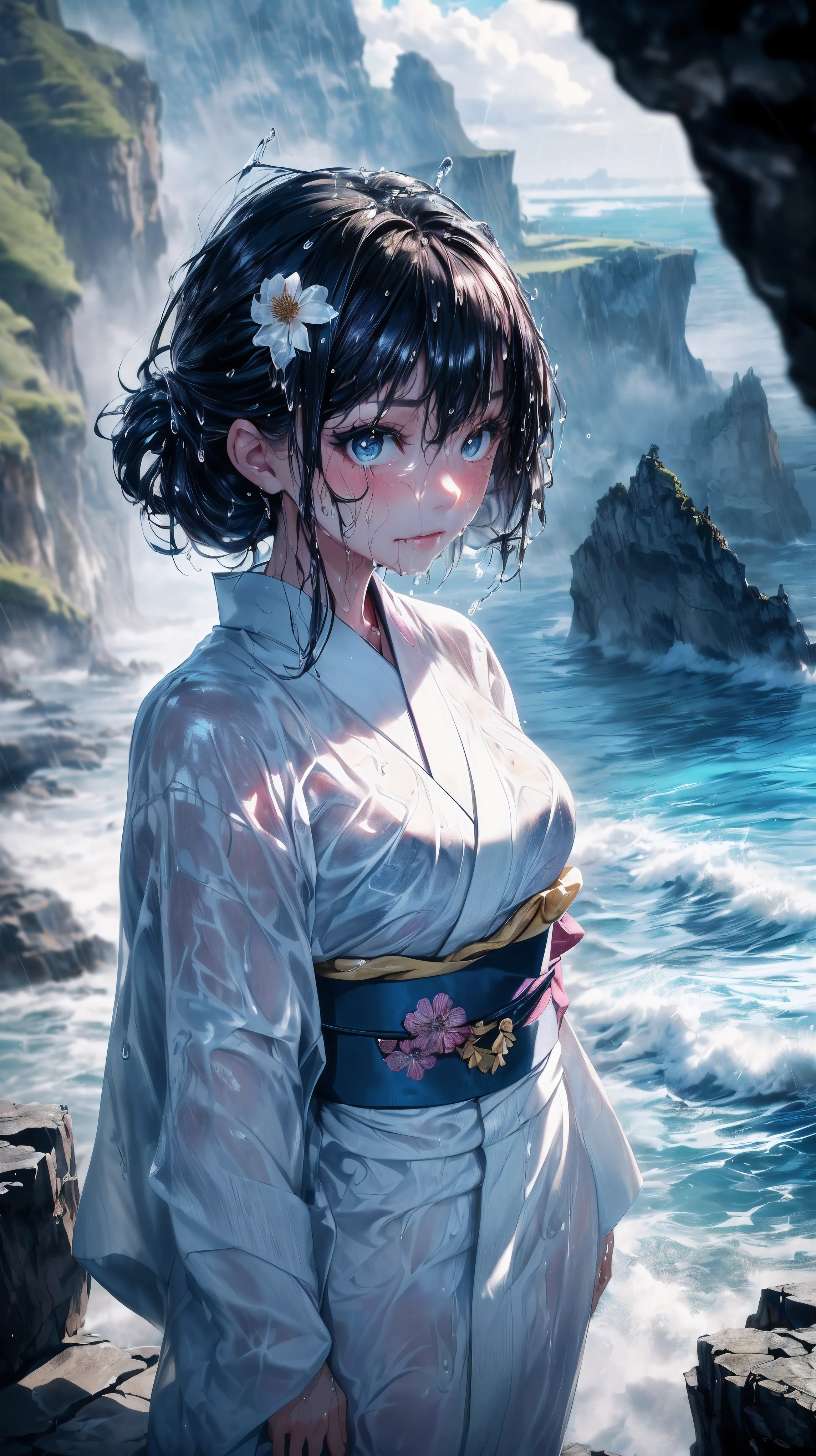 (A 7 girl:1.2), (Very youe), (small breasts:1.1), (wide angle), bitter smile, original photo, Atmospheric distance perception, aesthetic, complex, won, chiaroscuro, best quality, Detailed background, shining, (hazy atmosphere:1.2), (cloudy day),((Girl in white 棉质kimono:1.2)), 棉质kimono, 棉质kimono, best wrinkles, real wrinkles, best shade, strong wind, (walk through (薄雾黑暗岩石cliff)), ((rainy, downpour, raindrop)), (real location), Exquisite and beautiful eyes, casual gesture, Detailed texture, pose, (anatomically correct body, Detailed face, (非常Detailed texturekimono与花卉图案), (wet, wet face, slime wrap, ((very wet) 纹理kimono), (wet hair), (black hair), thick hair, hair accessories, kimono, Heart, outdoor, 色彩缤纷的kimono, sash, ((cliff), the sea below cliff, (rough sea, spray), Beautiful and detailed sea water),Sky, wide sleeves, yukata, ((cloudy, rainstorm))
