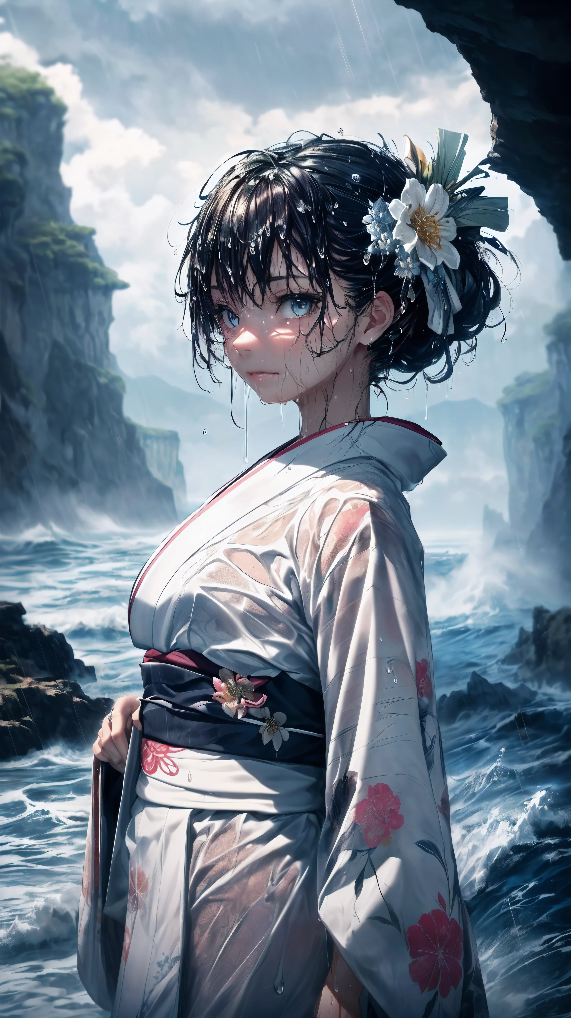 (A 7 year old girl:1.2), (Very young little girl), (alone), (small breasts:1.1), (wide angle), bitter smile, original photo, Atmospheric distance perception, aesthetic, complex, won, chiaroscuro, best quality, Detailed background, shining, (hazy atmosphere:1.2), (cloudy day),((Girl in white 棉质kimono:1.2)), 棉质kimono, 棉质kimono, best wrinkles, real wrinkles, best shade, strong wind, (walk through (薄雾黑暗岩石cliff)), ((rainy, downpour, raindrop)), (real location), Exquisite and beautiful eyes, casual gesture, Detailed texture, pose, (anatomically correct body, Detailed face, (非常Detailed texturekimono与花卉图案), (wet, wet face, slime wrap, ((very wet) 纹理kimono), (wet hair), (black hair), thick hair, hair accessories, kimono, Heart, outdoor, 色彩缤纷的kimono, sash, ((cliff), the sea below cliff, (rough sea, spray), Beautiful and detailed sea water)，Sky, wide sleeves, yukata, ((cloudy, rainstorm))