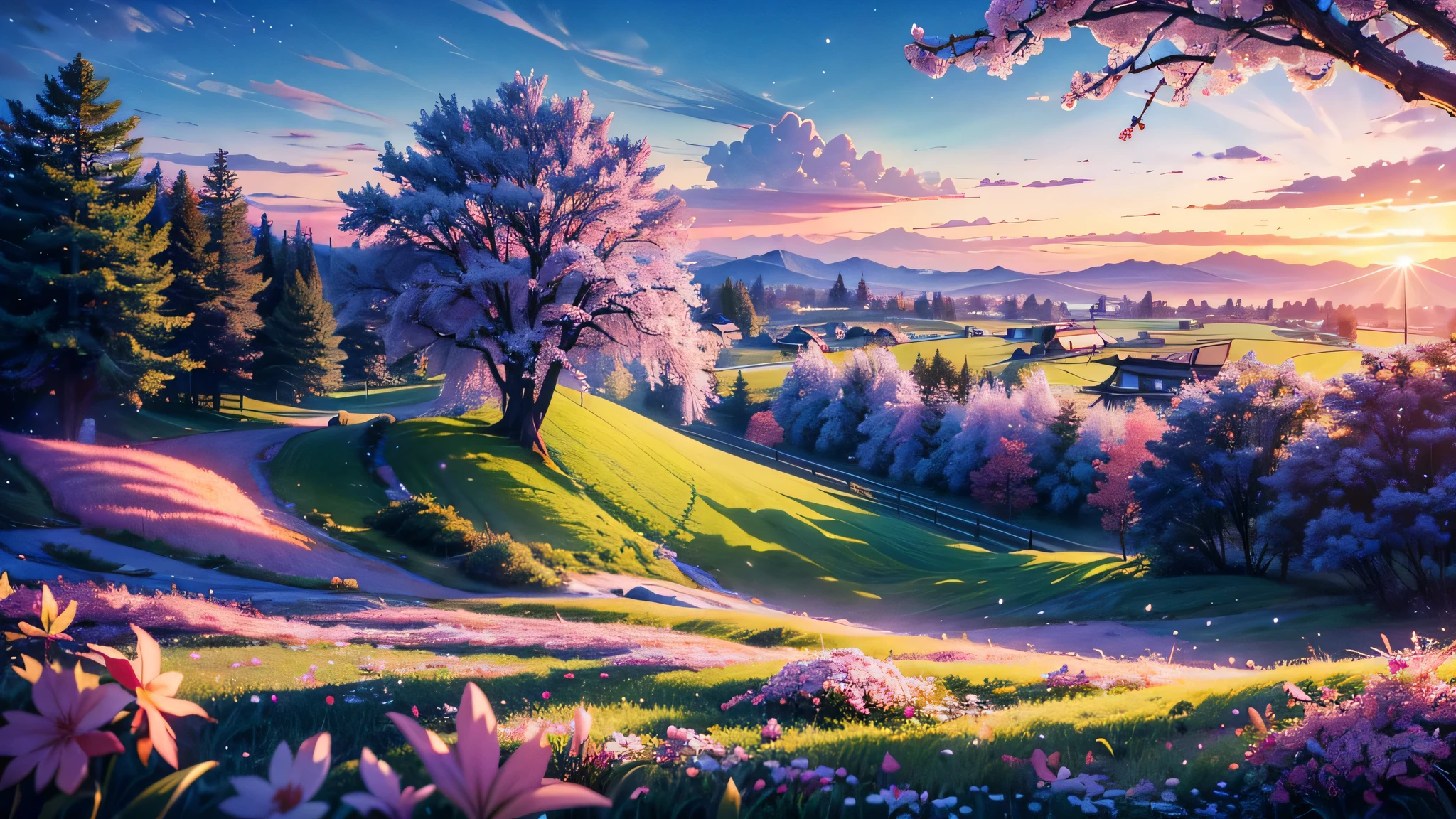 Quickly: masterpiece, best quality, super detailed, 1 girl, Detailed water, long hair, spiral curls, Red hair, light gray eyes, (close up), maple, There'There's mistletoe everywhere, Gorgeous, mapleand云杉树, cherry, cherry tree, Smile, View from the front, wolf ears, Snowy background, Science fiction, Multi-tailed, Tall evergreen trees stand proudly, Their branches were weighed down by the heavy snow, Volumetric lighting AND masterpiece, best quality, high quality, Extremely detailed CG unified 8k wallpaper full of vibrant spring scenery, 焕发出新的生命and色彩. The rolling hills are covered with green carpets, Dotted with delicate pink wildflowers, purple, and, Volumetric lighting