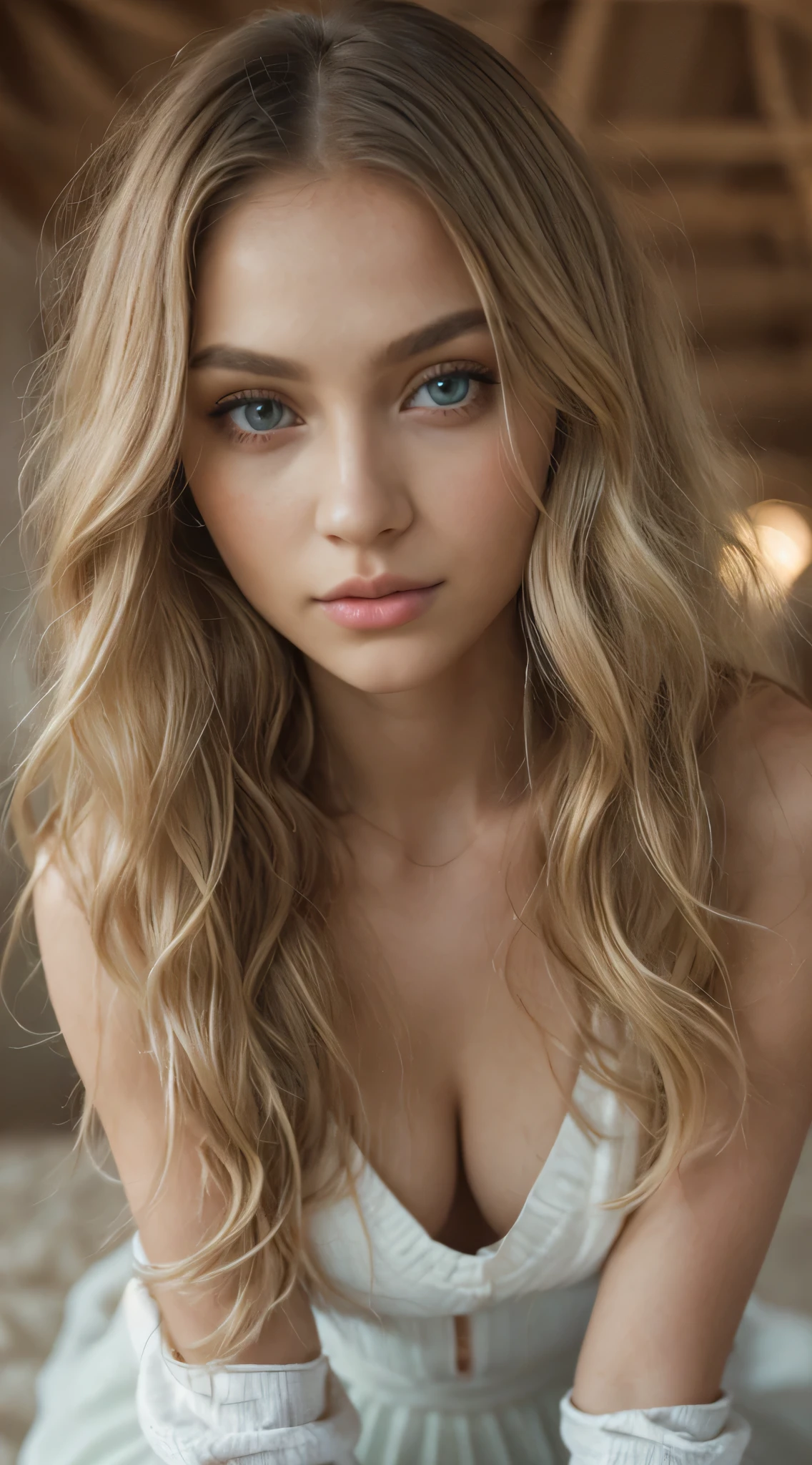re realistic,girl,Warm lights,173cm higth, she looks like japaneese and african ,almond-shaped eyes, full lips, big eyes, full bigger lips, almond-shaped eyes, full lips, prominent sexy cheekbones, slim waist, fit body, wearing casual dress, wavy long blonde hair, long blonde cut hair, symmetrical green eyes, symmetrical face, photorealistic (RAW photo: 1.2), top quality, beautiful detailed girl photo(UHD, retina, masterpiece, accurate, anatomically correct, textured skin, super detail, high details, high quality,RAW photos, (((Portrait of extreme beauty))), (Radiant white skin)), 1 girl, 14-year-old pretty beautiful girl in Prague, (Lustrous bright natural blonde hair))), [Blue eyes], Silky fine hair, Straight long hair, Eyeliner, Bangs, Hair between eyes, Fluttering hair, ((Masterpiece, top quality, ultra detail, film light, complex details, high resolution, 8k, Very detailed)), detailed background, 8K UHD, DSLR, soft light, high quality, film grain, Fujifilm XT3, shallow depth of field, natural light, (perfect hands), perfect beautiful face, full body, beach,sitting,bite lips sexy