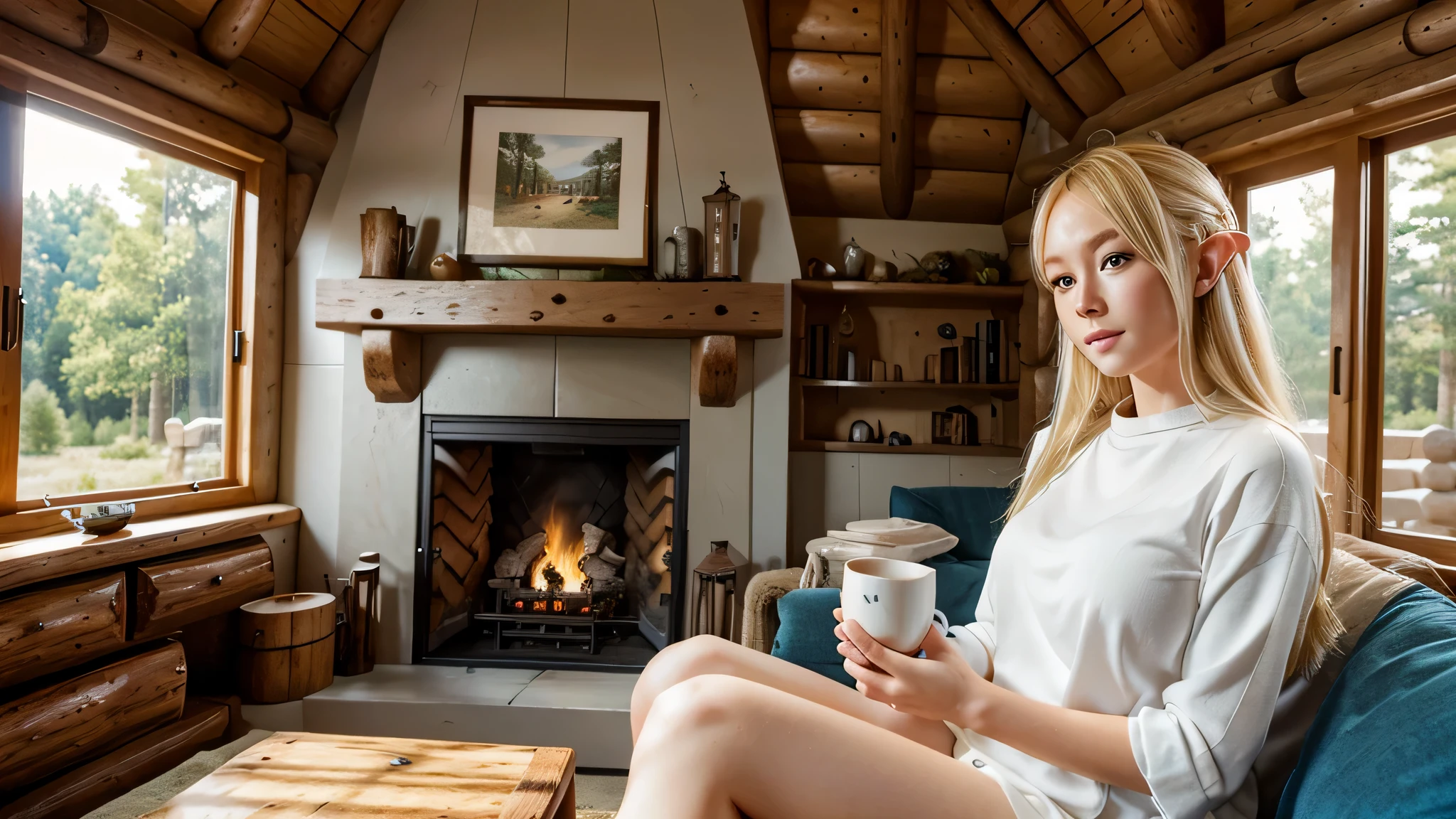 Log house made of logs。A room with a view outside the window。big fireplace。sit facing the fireplace。blonde hair and beautiful blue eyes。Elf girl with clear white skin。Hold a warm mug in both hands。A girl is looking out the window。