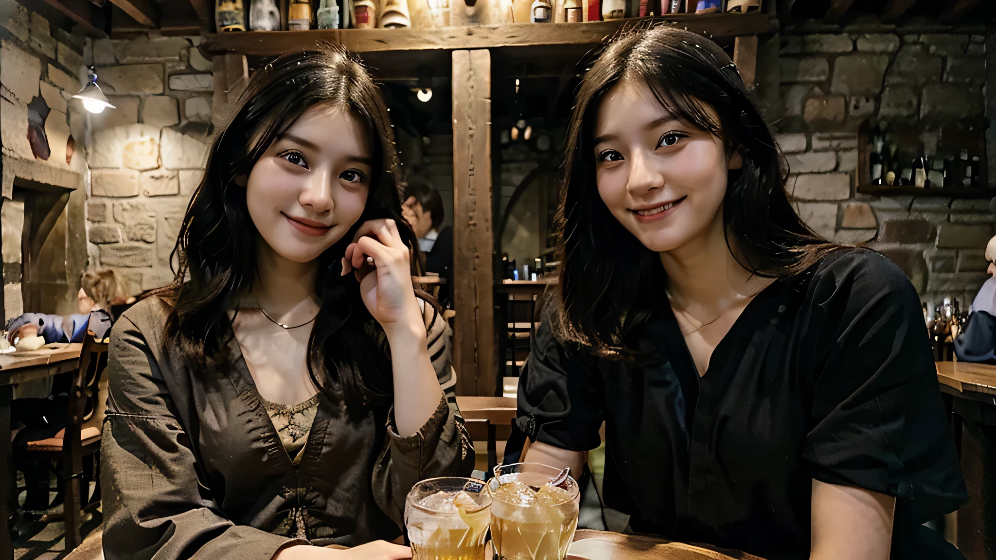 18 year old black haired adventurer boy。18 year old girl with blonde wizard hair。Bright medieval European tavern。The two of us have drinks in our hands and laugh together..。