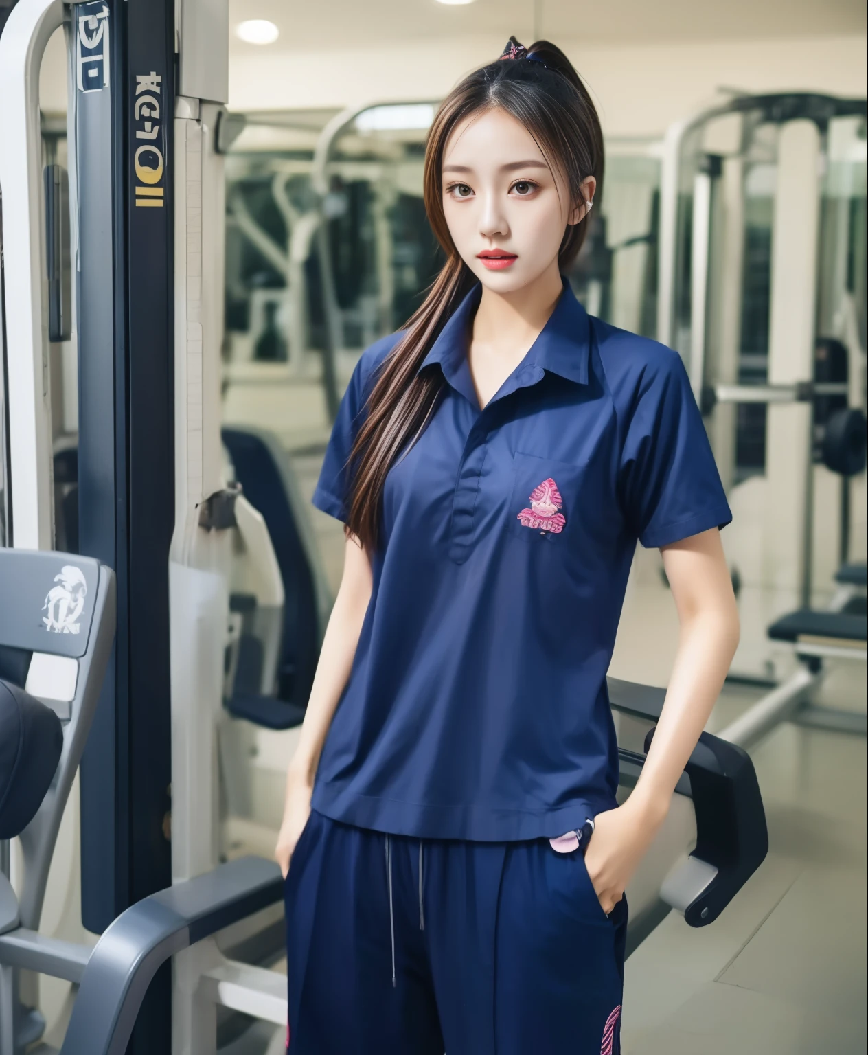 3 girls in fitness center, Navy blue short-sleeved shirt,Navy Long Trackpant,Sweatpants, Sweatpantsขายาว,25 year old girl, lesbian, sexy, exercise clothes, wet body, exercise clothes