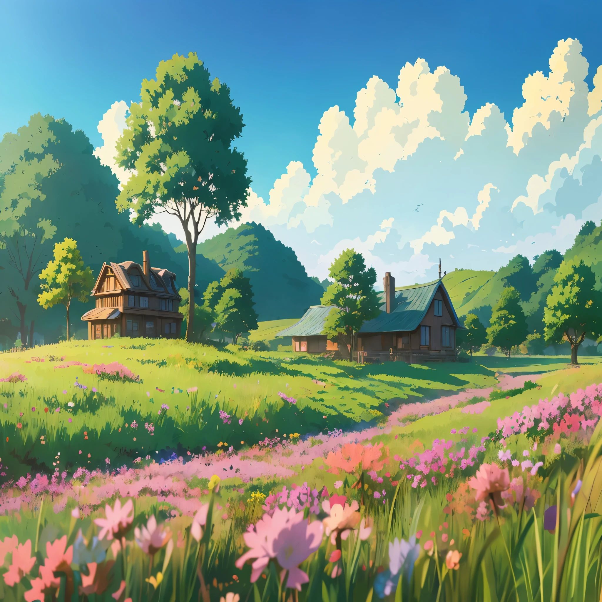 Anime - House in the field with trees in the foreground, anime countryside scenery, Anime background art, makoto shinkai&#39;Style, ( ( makoto shinkai ) ), Studio Ghibli makoto shinkai, in makoto shinkai&#39;Style, Colorful flowers are planted