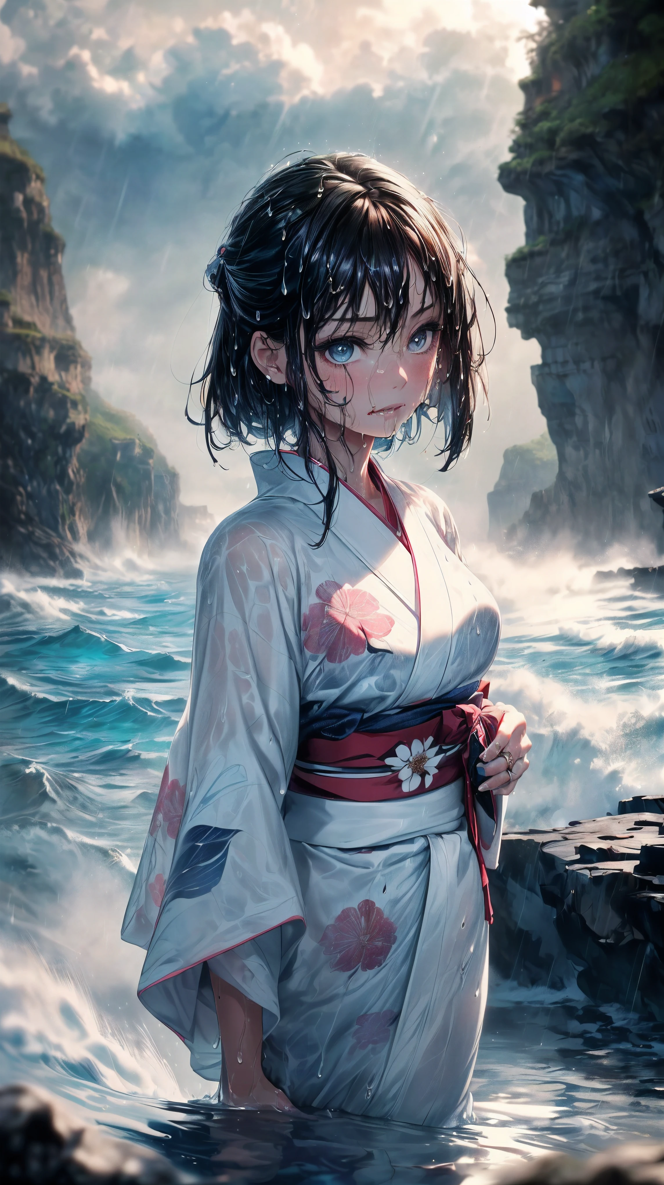 (A 7 year old girl:1.2), (Very young little girl), (alone), (small breasts:1.1), (wide angle), bitter smile, original photo, Atmospheric distance perception, aesthetic, complex, won, chiaroscuro, best quality, Detailed background, shining, (hazy atmosphere:1.2), (cloudy day),((Girl in white 棉质kimono:1.2)), 棉质kimono, 棉质kimono, best wrinkles, real wrinkles, best shade, strong wind, (walk through (薄雾黑暗岩石cliff)), ((rainy, downpour, raindrop)), (real location), Exquisite and beautiful eyes, casual gesture, Detailed texture, pose, (anatomically correct body, Detailed face, (非常Detailed texturekimono与花卉图案), (wet, wet face, slime wrap, ((very wet) 纹理kimono), (wet hair), (black hair), thick hair, hair accessories, kimono, Heart, outdoor, 色彩缤纷的kimono, sash, ((cliff), the sea below cliff, (rough sea, spray), Beautiful and detailed sea water)，Sky, wide sleeves, yukata, ((cloudy, rainstorm))