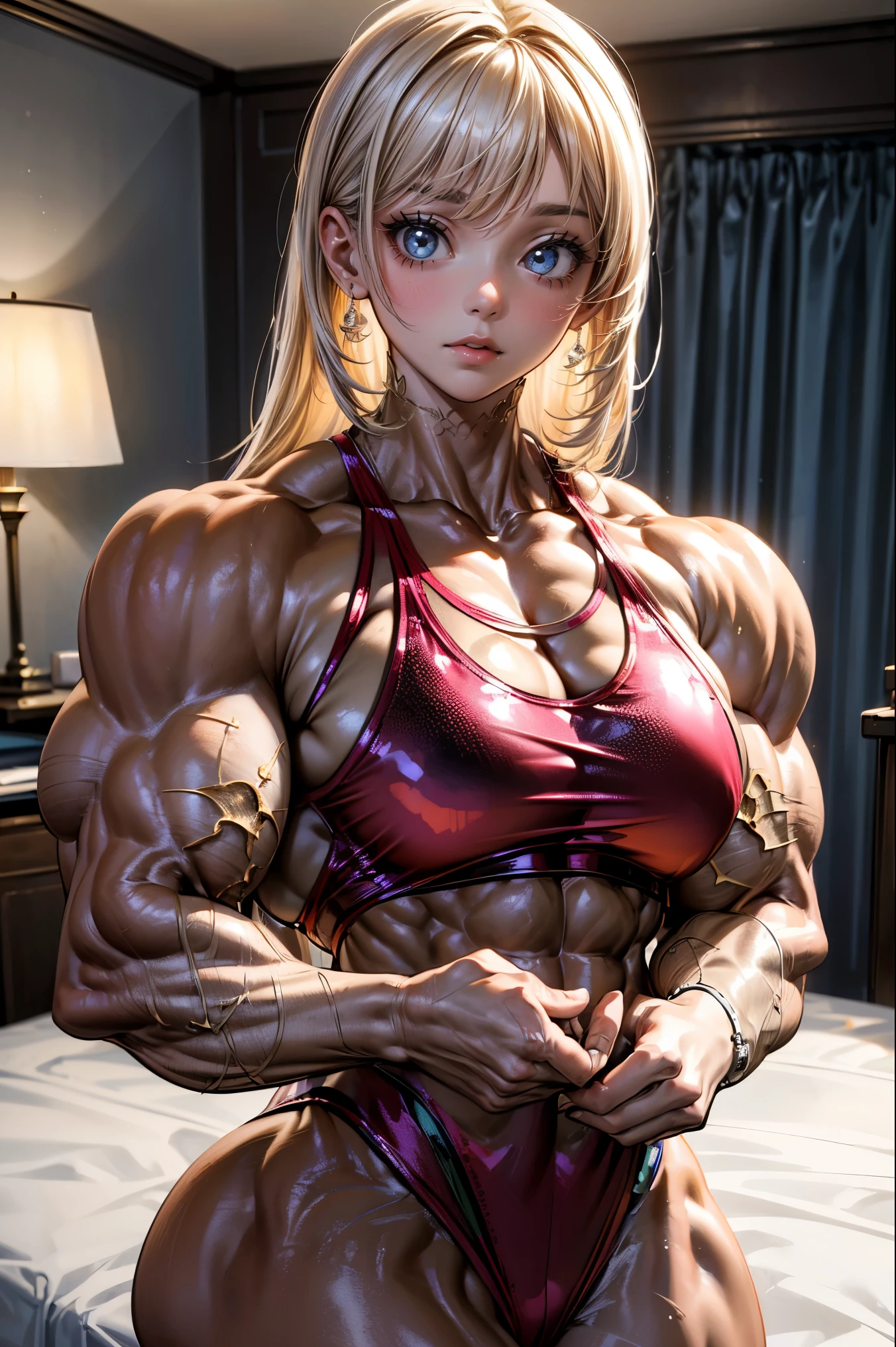 (best lighting) , (Extremely complex and detailed) , 4K unified, (Super detailed CG: 1.2) , (8k: 1.2),(The original), (masterpiece) , (best quality),(masterpiece:1.4),Anime-like high quality,(masterpiece),masterpiece, Super clear picture quality，clearer than，（delicate face）best quality, absurd,((peace master, 4K, 8k, Yes, high resolution))1个girl, female student，,(beautiful bass),((bodybuilder:1.5))(girl),(miss),(((Upper body:1)))Upper body，at home，on the bed，Arm biceps close-up，The camera shows the biceps，exaggerated biceps，huge biceps，plump biceps，dehydrated biceps，Unbeatable biceps。close shot