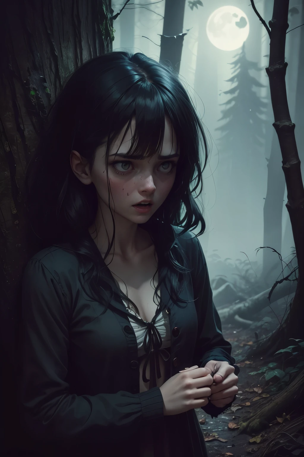 And suddenly, in the heart of the night, as darkness shrouded their hut, they were startled by a bloodcurdling scream that pierced the silence and sent chills down their spines. Terrified, they scattered in different directions, overwhelmed by the confusion and panic that ensued. Lisa, in her determination to find the source of the dreadful sound, pushed forward into the forest, its shadows cast by the weak moonlight. Her heart pounded in her chest as she called out for Jack, but he was nowhere to be found. With growing horror, she came upon a horrific sight: Jack's lifeless body swinging limply from a tree, his eyes wide in terror. Lisa let out