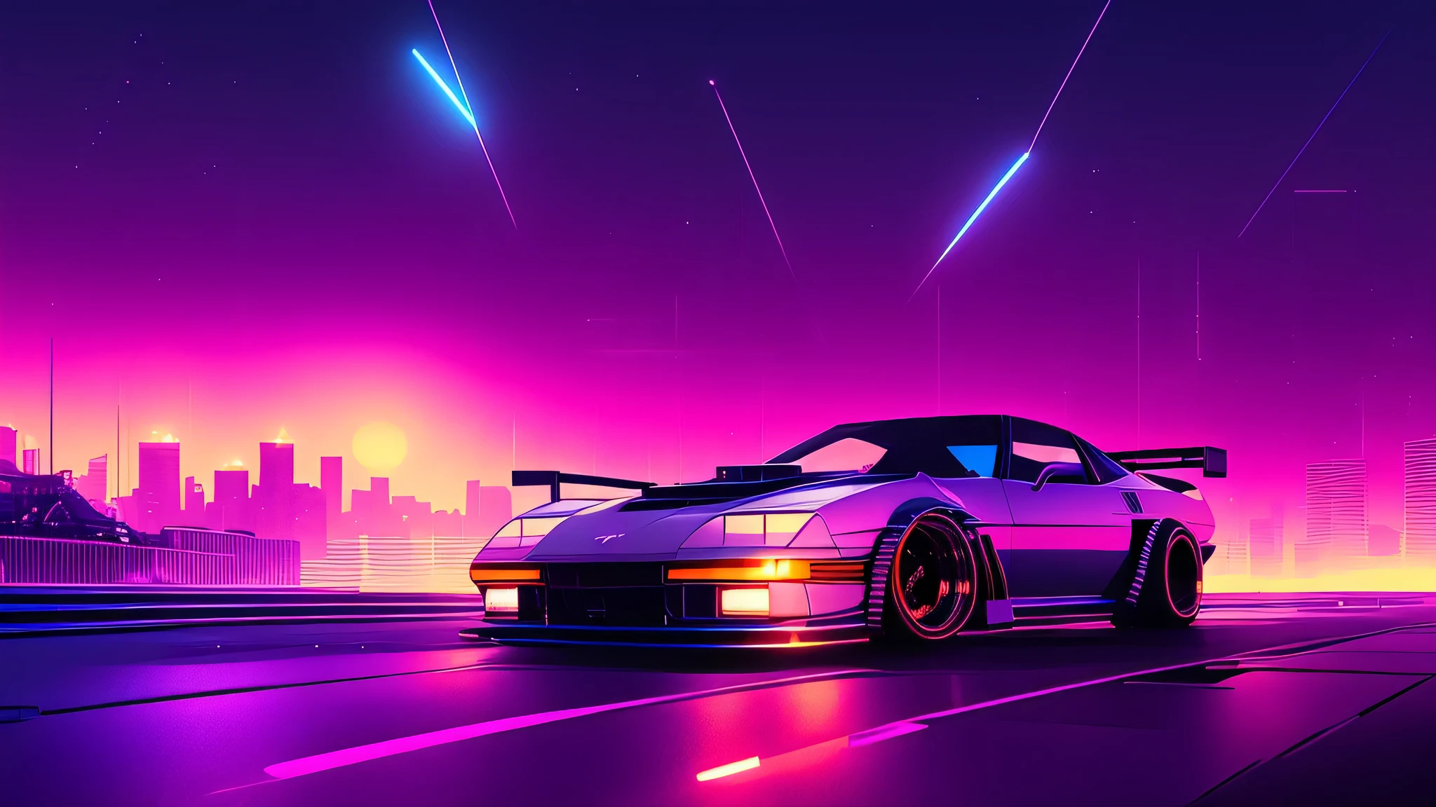 (nvinkpunk:1.2) (SNTHWVE style:0.8) Corvette, light wave, Sunset, complicated, Very detailed