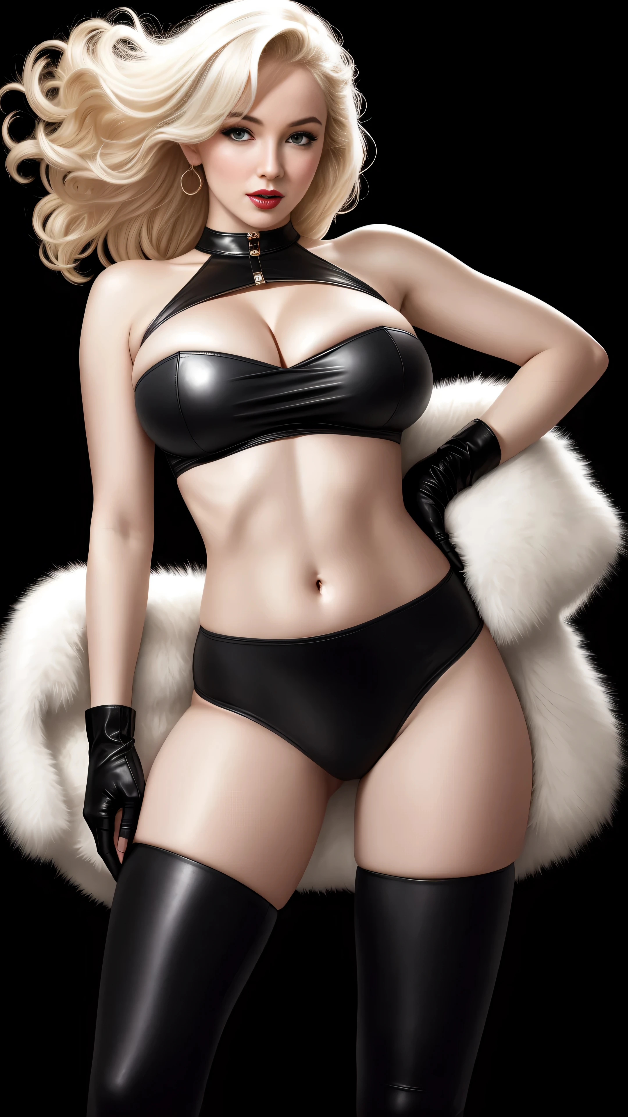 Marylin Monroe, fit body, leather pants, (nice tits:1.2)), masterpiece, looking at camera, (high detailed skin:1.2), 8k uhd, dslr, super lighting, high res, hyper realistic, beautiful face, beautiful body, beautiful eyes nose lips, alluring expression, very bold, upper visible, full body photo, standing legs apart, pale translucent glowing skin, most beautiful face, cute, (well defined pubic hair:1.2)), (dark plain black background:1.4))