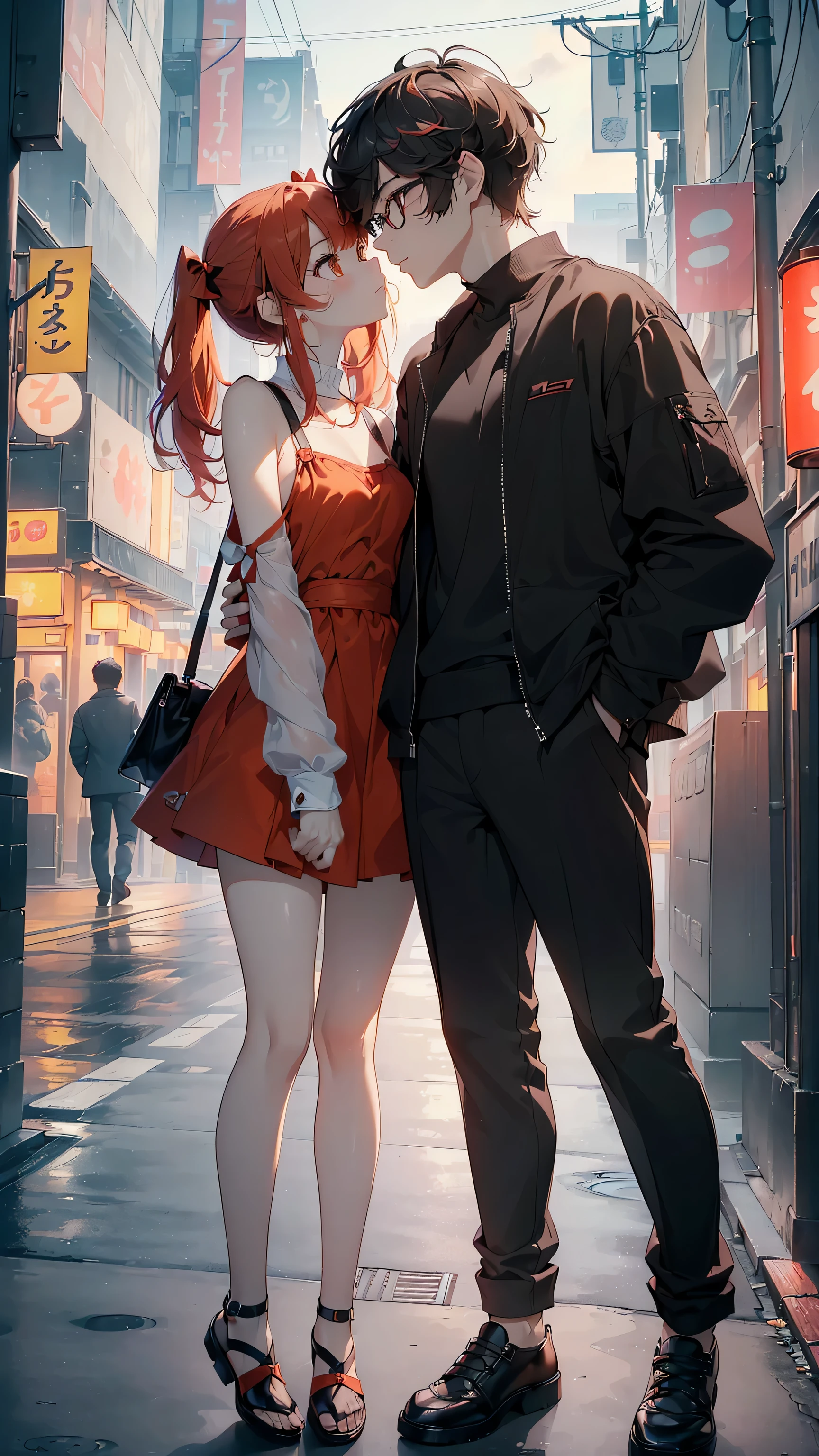 ((Calidad superior, ultra detallado, high resolution, CG extremadamente detallado, fondo de pantalla de unidad 8k, por artista famoso, perfect anatomy, super detailed skin, cinematic lighting, HD, retina, anatomically correct, 1080P)), ((Please draw a couple in love of a girl and a boy on a lovely date., besar:1.3), ((una chica con un chico)), ((Girl details: rostro,13歳:3.0, girl's height: 152 cm, She is small, corto, she is very corto, Too small, un adolescente muy joven de 13歳, Tiene el cuerpo de una adolescente inmadura de secundaria de 13歳., very small breasts, Androgynous Amulet, Cuerpo , brazos y piernas delgados, Muy flaca. cabello rojo, flequillo recto, hair bows, coletas. chica pelirroja. Golden-yellow-amber ojos perfectos. Ella es dulce, bidding, adorable, lindo, hermoso, kawaii y ulzzang. She is dressed in a Japanese fashion pampered and moe dress.. brazos desnudos, hombros y piernas)) ((solo la chica tiene el pelo rojo)) ((Child details: rostro, -yeld:2.amamiya ren:2.0, 's height: 172cm, black brown hair boy, Chico alto, hombre maduro, Athletic, varonil, masculino, elegante, Chico maduro, un estudiante de secundaria, boy with dark brown hair, masculino, varonil, Small rear, hermoso detailed full dark brown eyes, with glasses, ojos perfectos, ropa juvenil elegante hombre, pantalones negros, el chico es mas maduro, Chico maduro)) (Detailed lighting), ((antecedentes detallados)), ((Romantic date at night walking through the streets of Tokyo)), Toma de cuerpo completo, ((perfecciona cada 5 dedos, Extremidades completas, dedos completos, Dedos perfectos, brazos perfectos)) ((un hombre y una mujer)) ((beso romantico)) (((the girl is much smaller than the boy))) ((couple of a girl and a boy)) ((besar)) (((el chico es muy alto, the girl is very corto))) ((Dedos perfectos, manos perfectas)) ((pies perfectos)) ((kiss rostro to rostro, Muy cerca)) ((perfect detailed rostro))