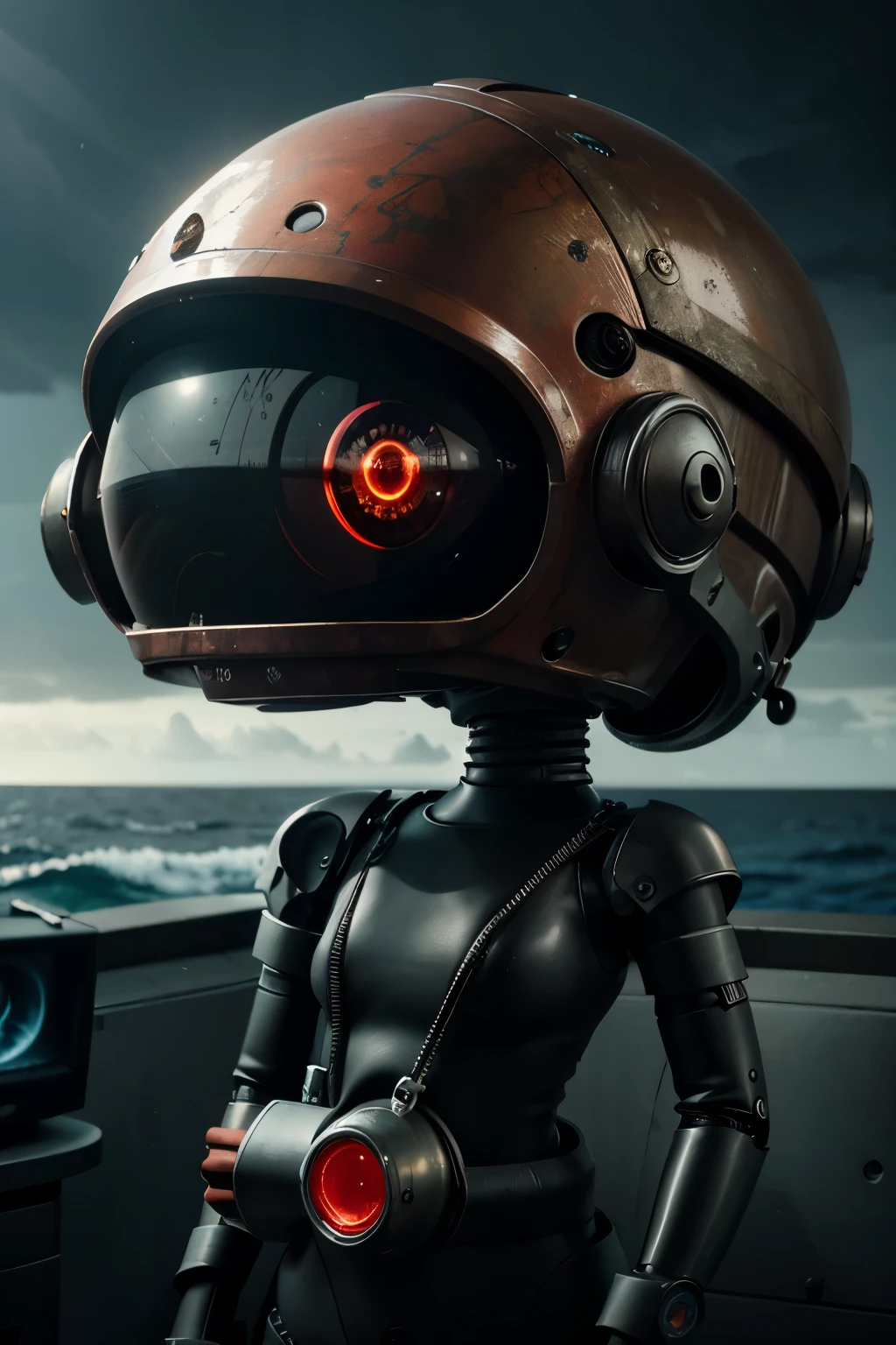 A Modern flat toon Crazy whit a Big ONE a Only Eye Robot and helmet Style, tongs in hands, Tv head, pinhead, camouflage Red Rusty, Ambient in a ocean super detailed, center, beautiful, soft lighting, focused on the character, 4K resolution, photorealistic rendering.