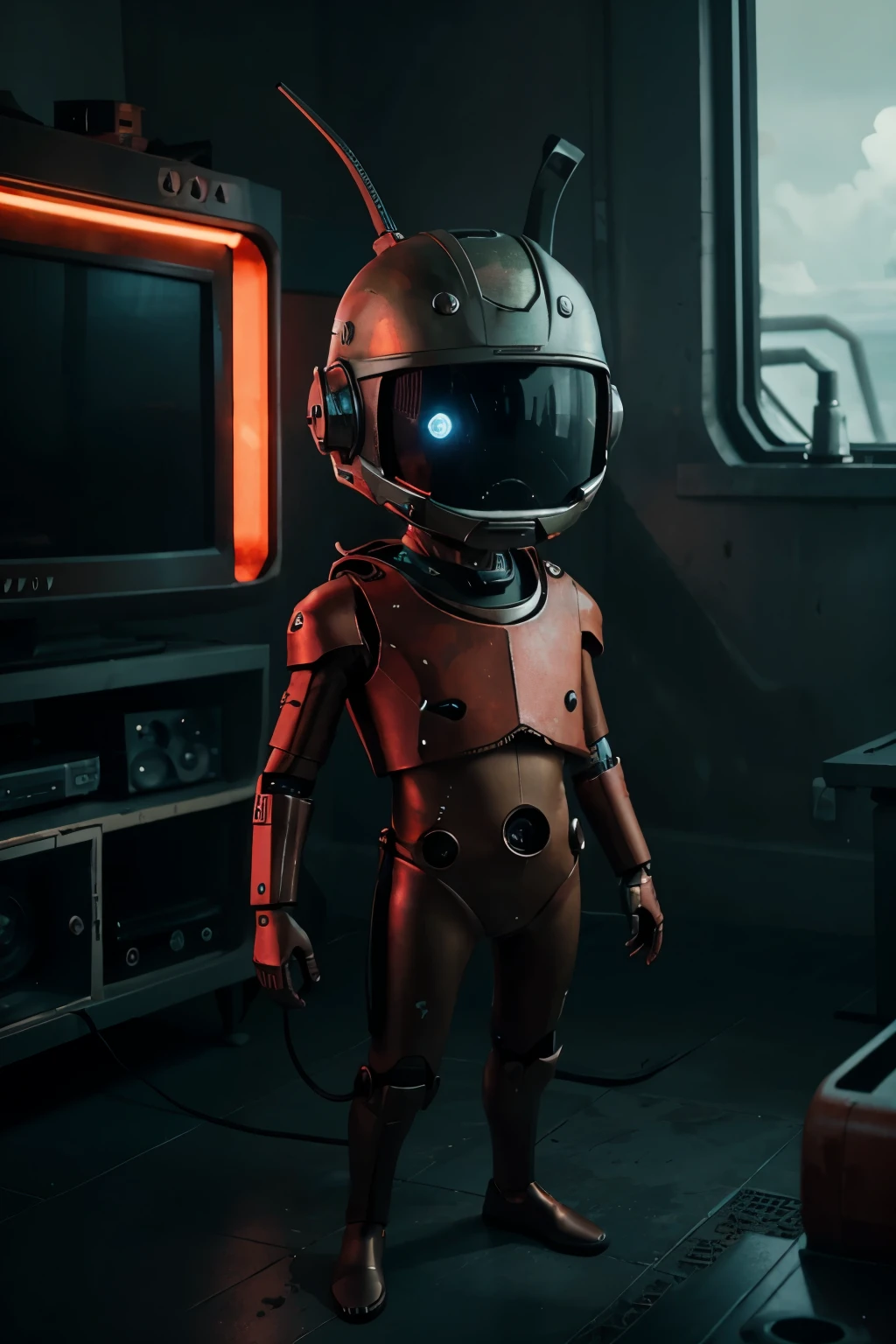 A Modern flat toon Crazy whit a Big ONE a Only Eye Robot and helmet Style, tongs in hands, Tv head, pinhead, camouflage   Red Rusty, Ambient in a ocean super detailed, center, beautiful, soft lighting, focused on the character, 4K resolution, photorealistic rendering.