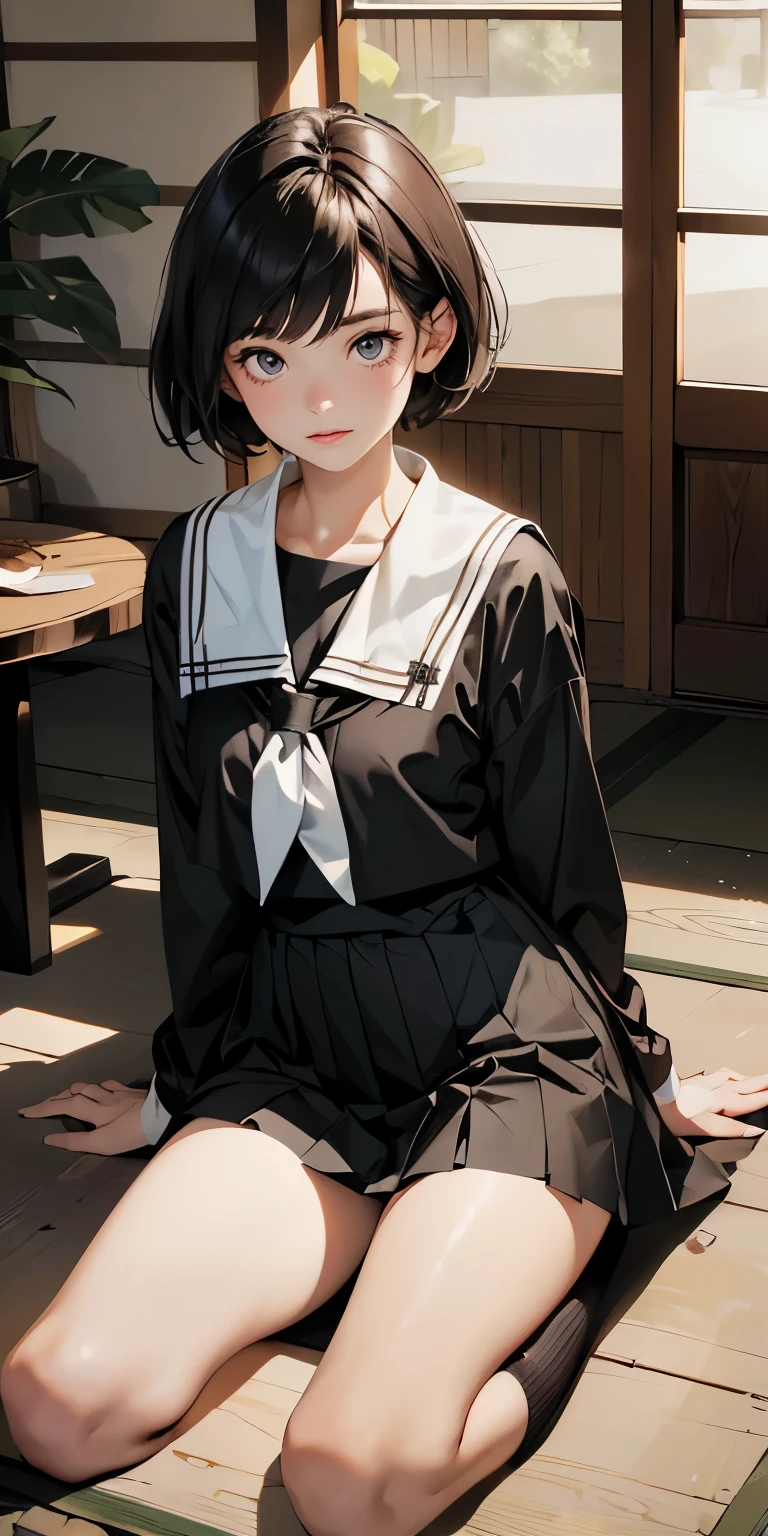 8K, masterpiece, highest quality, ultra high resolution, highest resolution, very detailed, professional lighting, orange light lighting、Backlight、Detailed CG、Low angle from the front、full body shot、Beautiful woman、beautiful eyes、(detailed face and iace:1 2)、narrow eyes、almond eye、brown eyes、gradation eye、highlight:1.2)、(beautiful black hair、short hair、(plump lips) 、(oval face : 1.4)、(thin fingered arms、detailed human hand)、(table top, highest quality:1.2), nostalgic、wooden warehouse、Scenery with Japanese wooden houses、sitting in veranda、ancient folk house、pine trees、plant、beautiful japanese garden、The bright red sunset is beautiful、vapor、mist、white breath、full body pose、A girl who blends into the scenery、sitting in a chair、Beautiful woman, small face、white skin、very cute, 、(fine eyes、bright pupils、gradient eyes:1、細かく描かれたbeautiful eyes:1、symmetrical eyes:1、目の大きなhighlight:1.2)、thin hair、brown eyes)、Breasts are medium in size、(black brown hair、very short hair:1.4)、(black sailor suit、serafuku:1.4)、thin and long legs、beautiful hip line、beautiful spine、constricted back、tight waist、JK black skirt 、pleated skirt、Hip line emphasis、black socks、black stockings、brown eyes,face is a little red, beautiful breasts、Breasts are A cup、shoes are loafers) 、(round face: 1.4)、gentle smile、open your mouth、teeth visible、black knee high socks