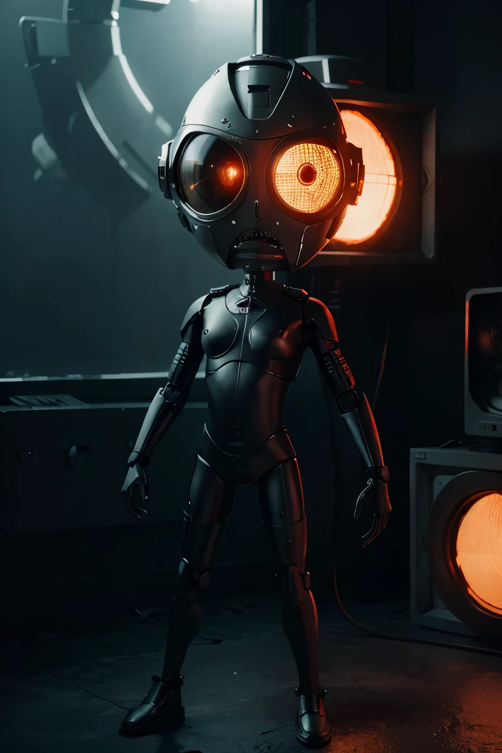 A Modern flat toon Crazy whit a Big ONE a Only Eye Robot and helmet Style, tongs in hands, Tv head, pinhead, camouflage   Red Rusty, Ambient in a ocean super detailed, center, beautiful, soft lighting, focused on the character, 4K resolution, photorealistic rendering.