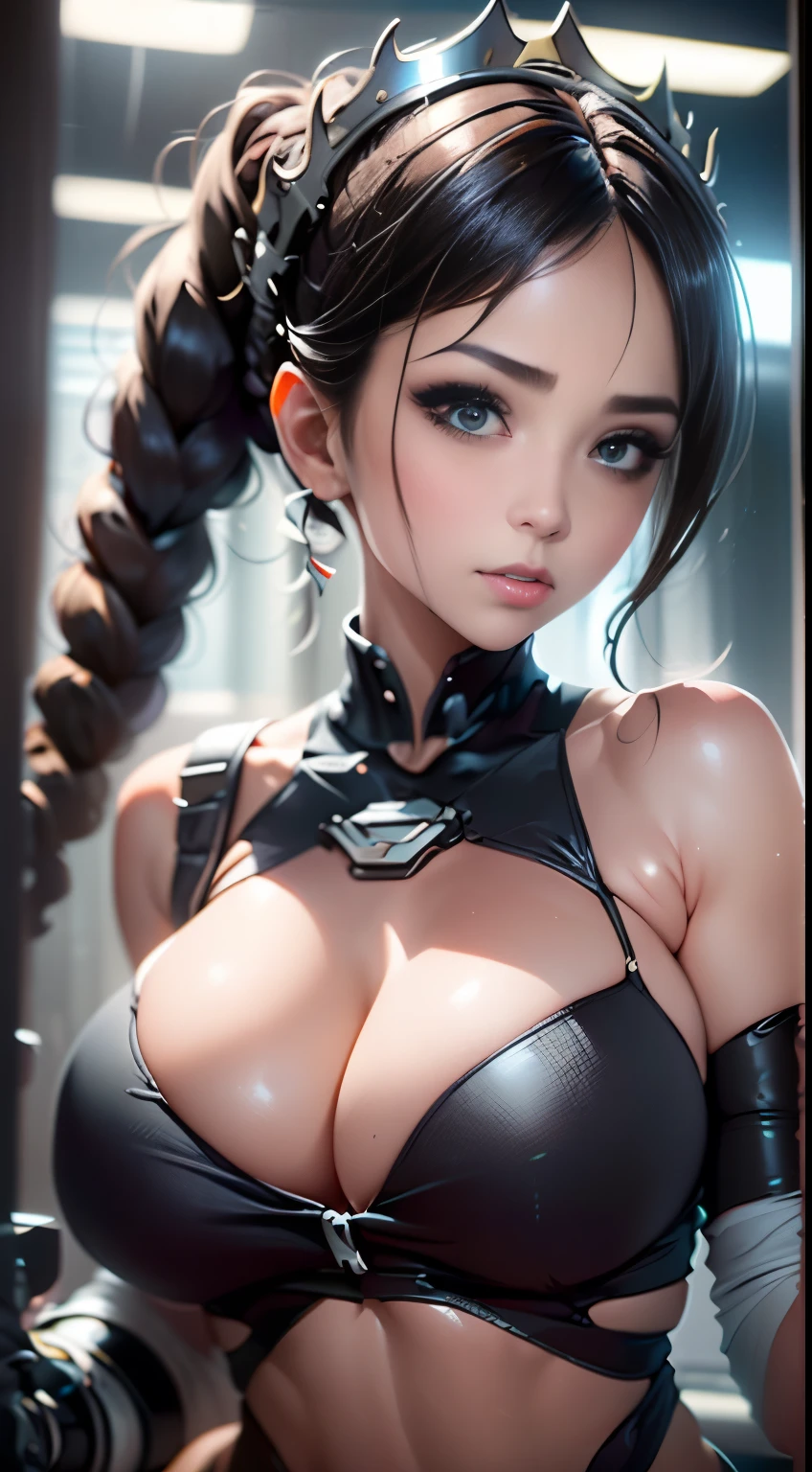 （best qualtiy））， （（tmasterpiece））， （The is very detailed： 1.3）， 3D， Chef mech，The eyes are delicate，largeeyes， Beautiful cyberpunk woman wearing a crown， with master chef style armor， Sci-fi technology， hdr（HighDynamicRange）， Ray traching， NVIDIA RTX， Hyper-Resolution， Unreal 5， sub surface scattering， PBR Texture， Post-processing，Huge breasts， Anisotropy Filtering， depth of fields， Maximum Acutance and Acutance， Many-Layer Textures， Specular and albedo mapping， Surface coloring， Accurate simulation of light-material interactions， perfectly proportions，rendering by octane，twotonelighting，Low ISO，White balance，trichotomy，largeaperture，8K raw data，High efficiency sub-pixel，sub-pixel convolution，light particules，Light scattering，Tyndall effect，Very sexy，full bodyesbian，Fighting posture，Brunette hair with braids， Warming up