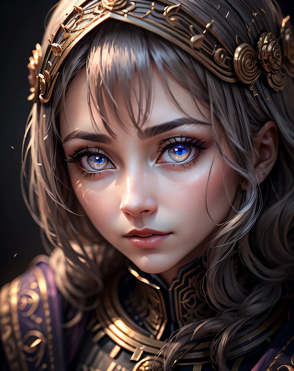 Very Beautiful princesse glowing eyes light shining from them in 35 years old mature woman face portrait