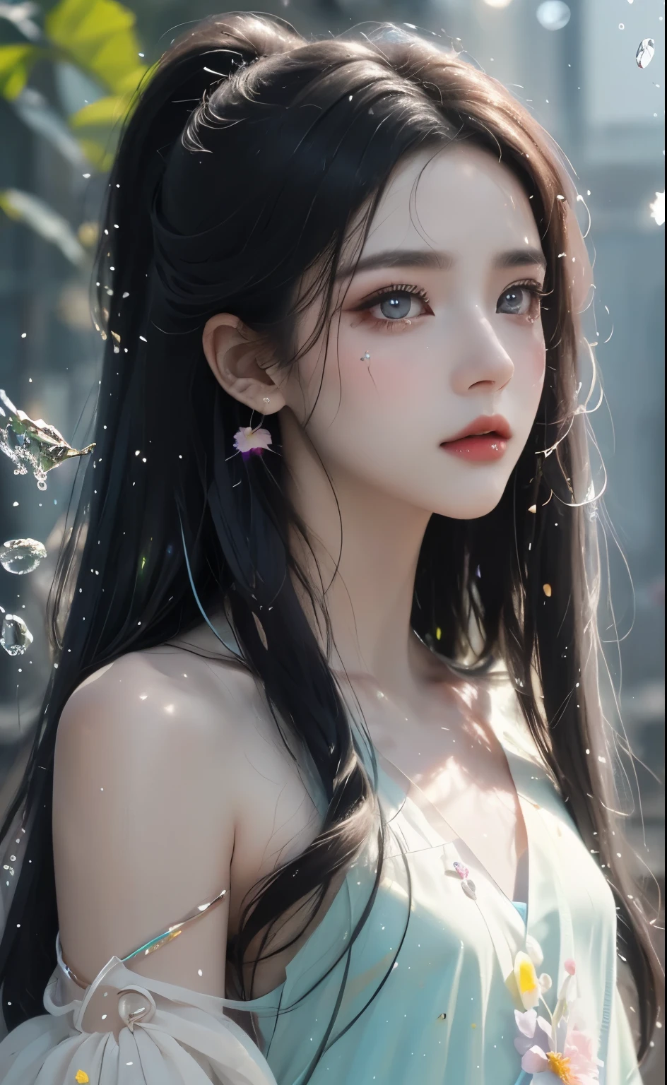 (Pink fashion T-Camisa,:1.9),(Colorful hair:1.8),(Rainbow all colors:1.8),((((Vertical painting:1.6))),(painterly:1.6),front side,comic,illustration,painterly,with big eyes,Crystal clear,(Iridescent gradient high ponytail:1.7),elaborate makeup,closed Mouth,(Small fresh:1.5),long lashes,White shoulder T- Camisa,, White Shoulder Shirt,looking at the viewers,watery big eyes,(rainbow color Hair:1.6), Color Splash, (solo:1.8), Color Splash, Color explosion, Color Splash, Color explosion, Thick lacquer style,Messy lines,((Shiny,)) ,(colorful,,), Thick Paint Style, (Splash) (Color Splash), Vertical Painting, upper body, Paint Splash, Acrylic Pigment, Gradient, Paint, Highest Image Quality, the highest picture quality, Masterpiece, Solo, depth offield, Face Paint, colorful clothes, (elegence: 1.2), Ornate, long haired, aeolian, (elegence: 1.3), (petaled: 1.4),(((master masterpiece))),(((the best quality t))),((ultra Detailed)),(illustartion),(Dynamic Angle),((floating)),(painti),((Loose hair)),(solo),(1girl) , (( (Detailed anima face))),((Beautiful detailed face)),collars,Shoulders exposed,White Hair,((colourfel hair)),((streaked hair)),Beautiful detailed eyes,(Gradient eyes),(( (color eyes))),(((colorfully background))),(((high satur))),(((Surrounded by colorful splashes))),(Hanfu)