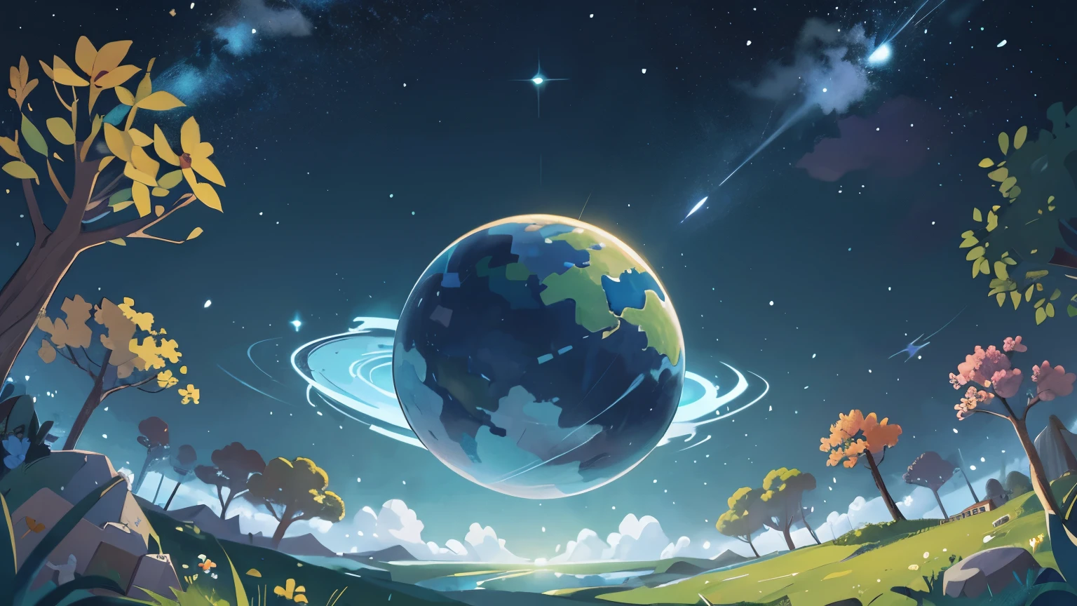 depicts the Earth surrounded by a layer of light that symbolizes protection. This reflects the importance of environmental stewardship and sustainability to protect our home. Around the Earth, show a diverse picture of life, including flora, fauna and human society. This emphasizes the uniqueness and importance of Earth as the only place in the universe where we know life exists. In the background, depict space elements such as constellations, meteors and galaxies that represent the unrevealed mysteries of the universe. This highlights how vast the universe is and how little we know about it.