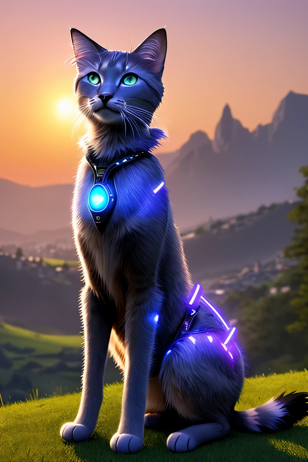 Once upon a time, in the heart of a charming village surrounded by meadows and hills, there lived a little cat named Luna. Luna was no ordinary cat; she was a cyborg cat with intricate wires and detailed mechanics hidden beneath her sleek, glossy black fur -- cybernetic: 1.1, metal: 1.2. As the sun dipped below the horizon each evening, Luna's fur would begin to shimmer with a soft, ethereal glow, revealing her intricate, hyperdetailed mechanical components -- hdr, hyperdetailed: 1.2. Her tail, made of a combination of delicate wires and shimmering metal, would twinkle like