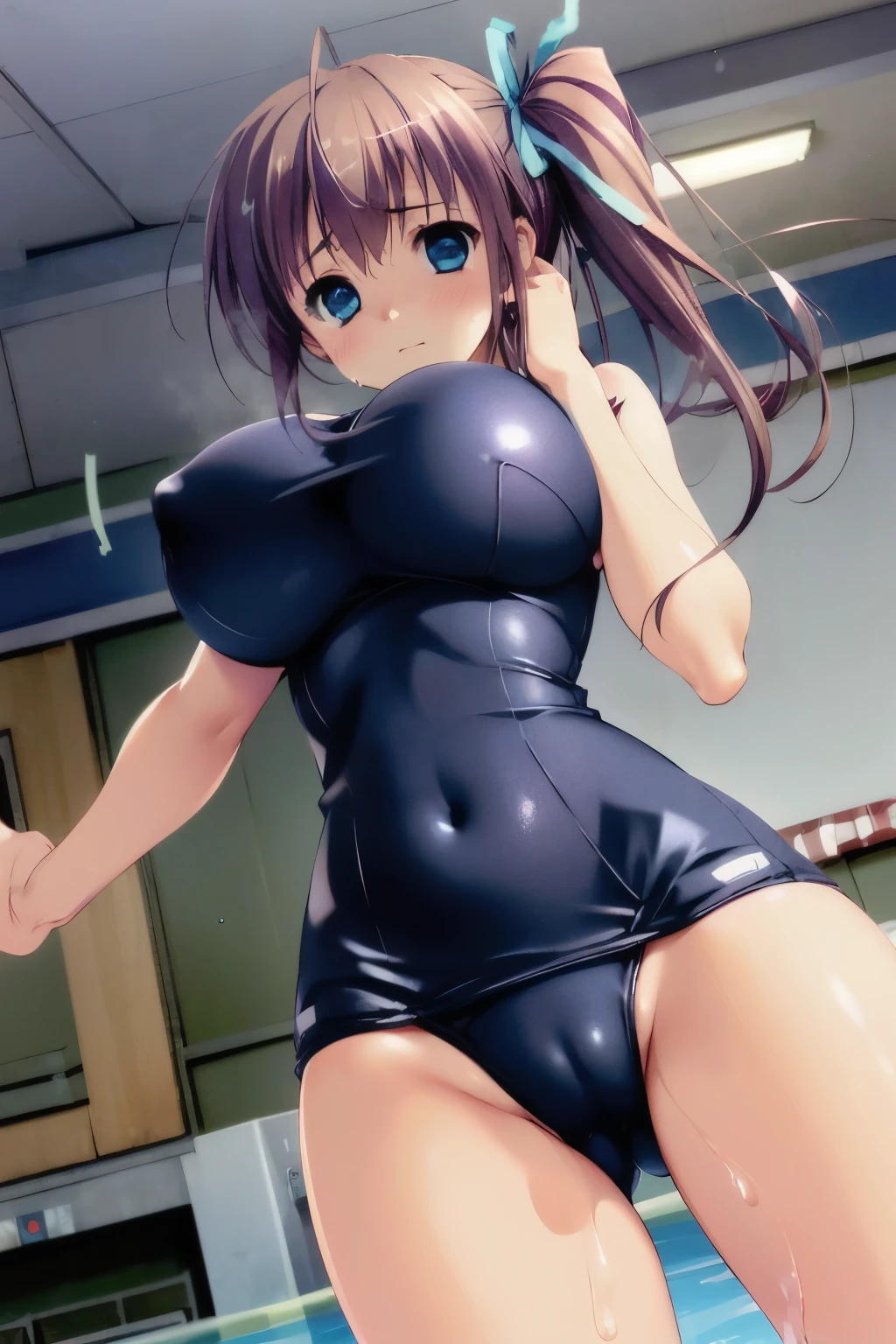 (masterpiece, highest quality, super detailed) (minato:1.5), (slim:1.7), side ponytail, long hair, pool, (huge breasts:1.4), raised, Wet , Sweat, beautiful face, (Big eyes:1.5), cute, fog, ,(old school swimsuit:1.3), ,, (election of nipples:0.8), (latex:0.2), from below, cameltoe, Realistic swimwear,