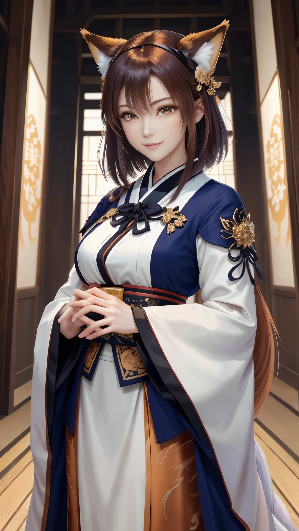 masterpiece , best quality,close up of face,smile,the whole body is facing forward,bright fox hair,brown eyes,sharp contrast,short hair,美しいフォルムのshort hair,just one person,precision quality,, masterpiece, japanese architectureの背景,beautiful details, colorful, delicate details, delicate lips, intricate details, genuine, ultrargenuineista, 枝に座っている色とりどりの髪のFoxを持つ女の子:Mature, bright eyes, ,色とりどりのFox, raposa de nine tails, 三尾Fox, 三尾Fox, onmyoji detail art, beautiful fine art illustration, mythical creatures, Fox, beautiful digital art,shrine maiden,japanese architecture,hold hands,exquisite digital illustration, mizutsune, Inspired by mythical wild web creatures, pixiv in digital art, shining light, high contrast, Mysterious,
