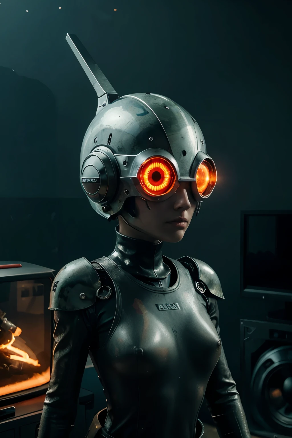 A Modern flat toon Crazy whit a Big ONE a Only Eye Robot and helmet Style, tongs in hands, Tv head, pinhead, camouflage Red Rusty, Ambient in a ocean super detailed, center, beautiful, soft lighting, focused on the character, 4K resolution, photorealistic rendering.