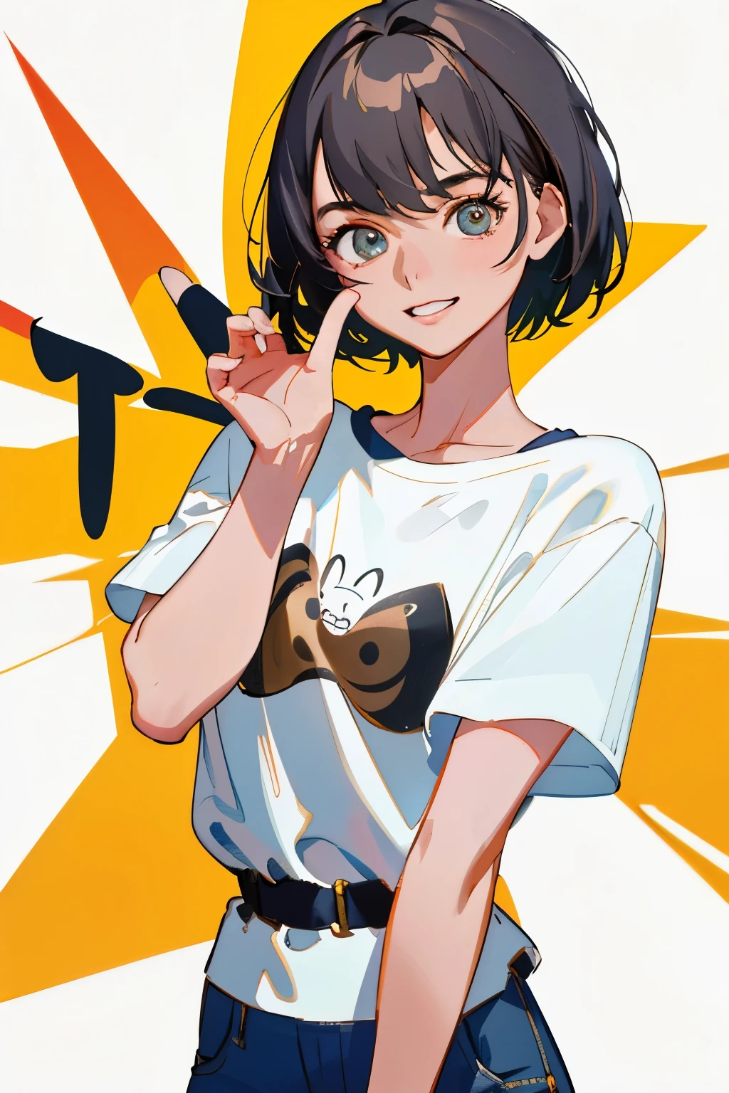 8K、highest quality、highest quality、masterpiece、very detailed: 1.2)、women are (margot robbie) It's similar to、short cut hair、I'll explain everything from head to waist.、wearing a t-shirt、pants、One hand is a piece、Buoy Sign、中野一花It's similar to