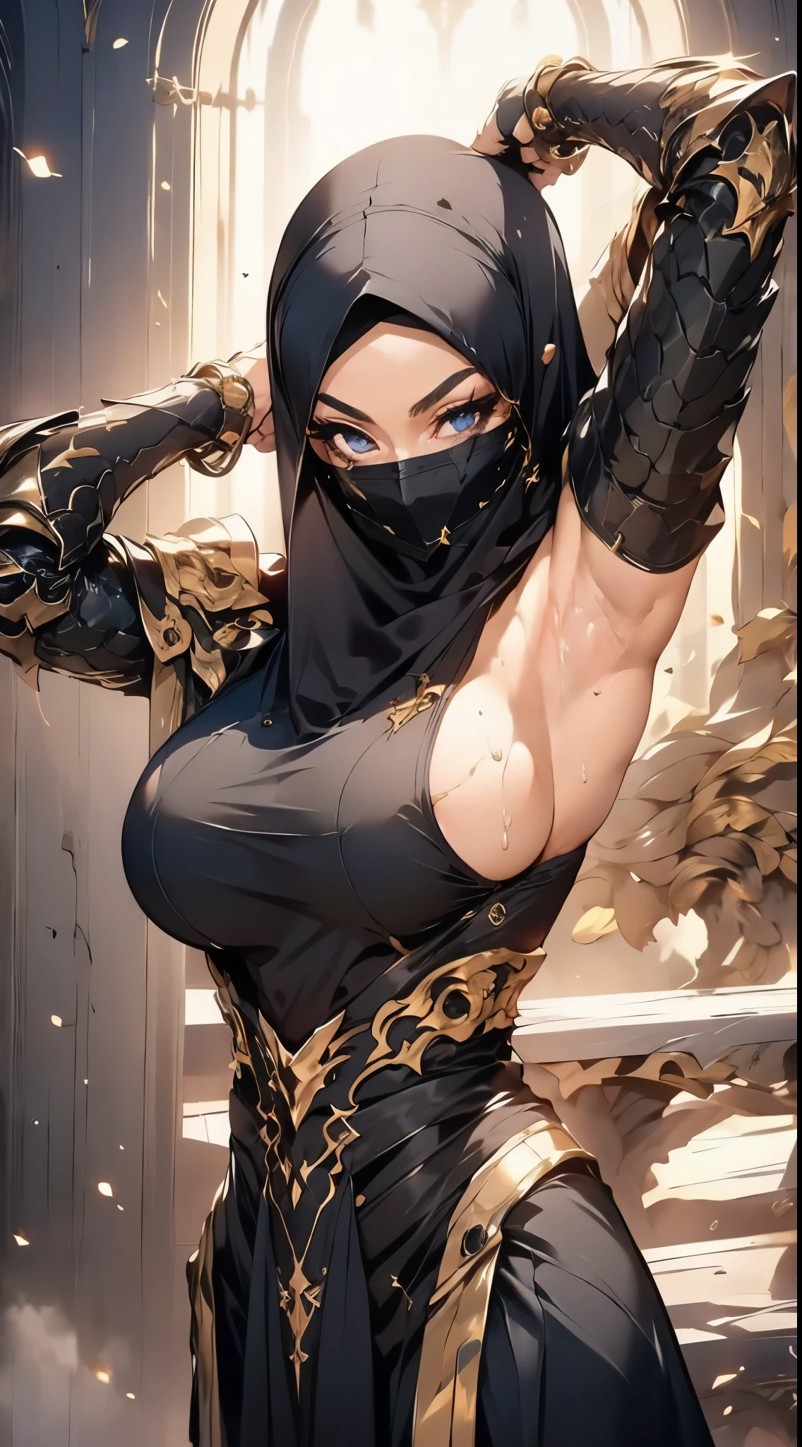 photorealistic, high resolution, 1 girl, hips up, female bodybuilder, long straight black hair, beautiful eyes, normal breast, dark souls style, armor, black hijab, black niqab, golden embroidery, ultra detailed armpit, sweaty armpit, wet, muscular, desert castle, backlighting, high slit, no panties, (bare breasts), dark nipples, (steamy armpits:1.2),